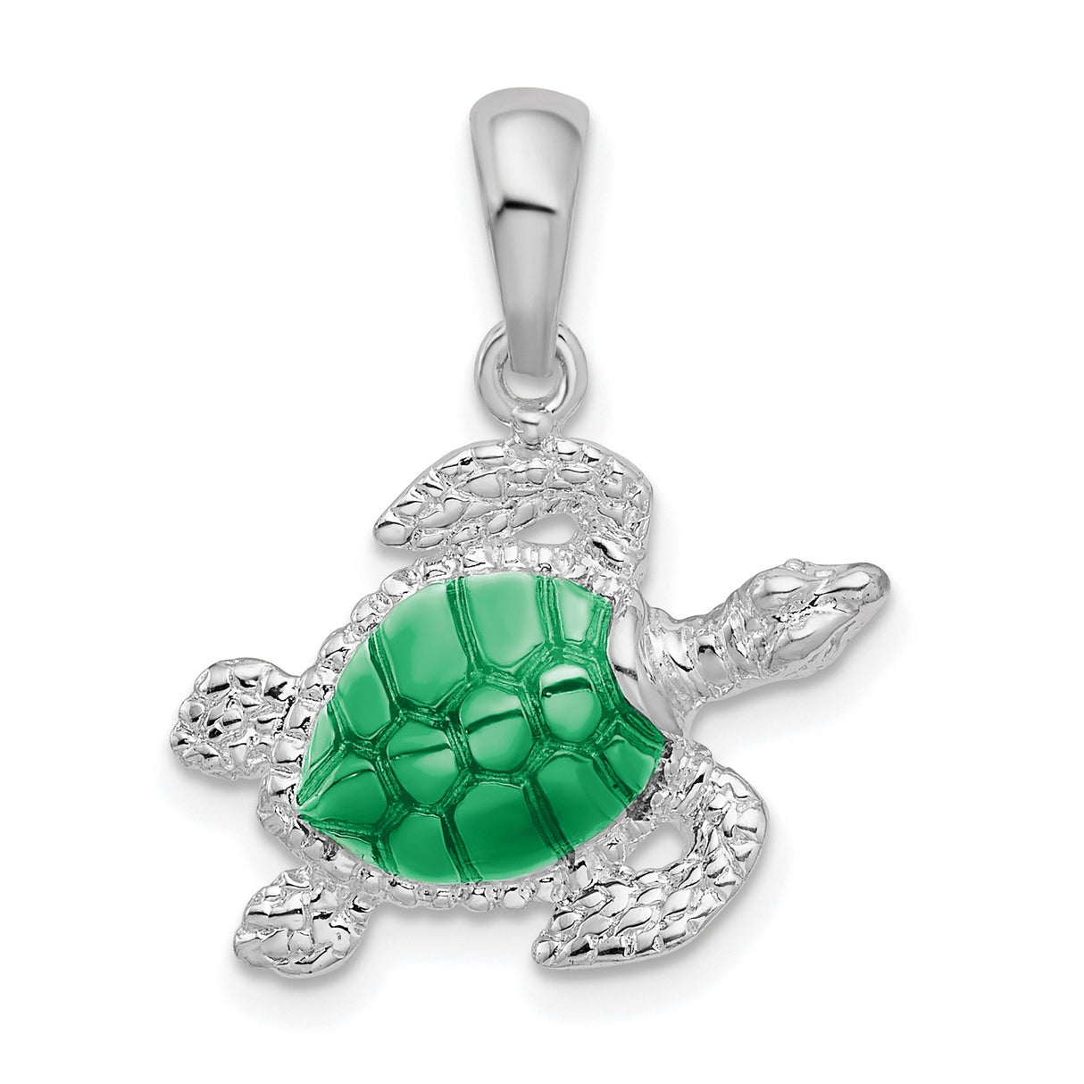 Sterling Silver Sea Turtle Pendant with Green Enamel Shell, Ocean-Inspired Charm