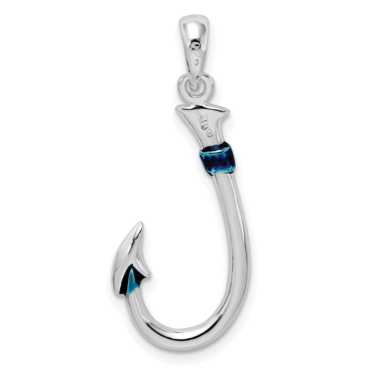Sterling Silver Fish Hook Pendant with Blue Enamel Accent, Nautical Theme for Men or Unisex Wear