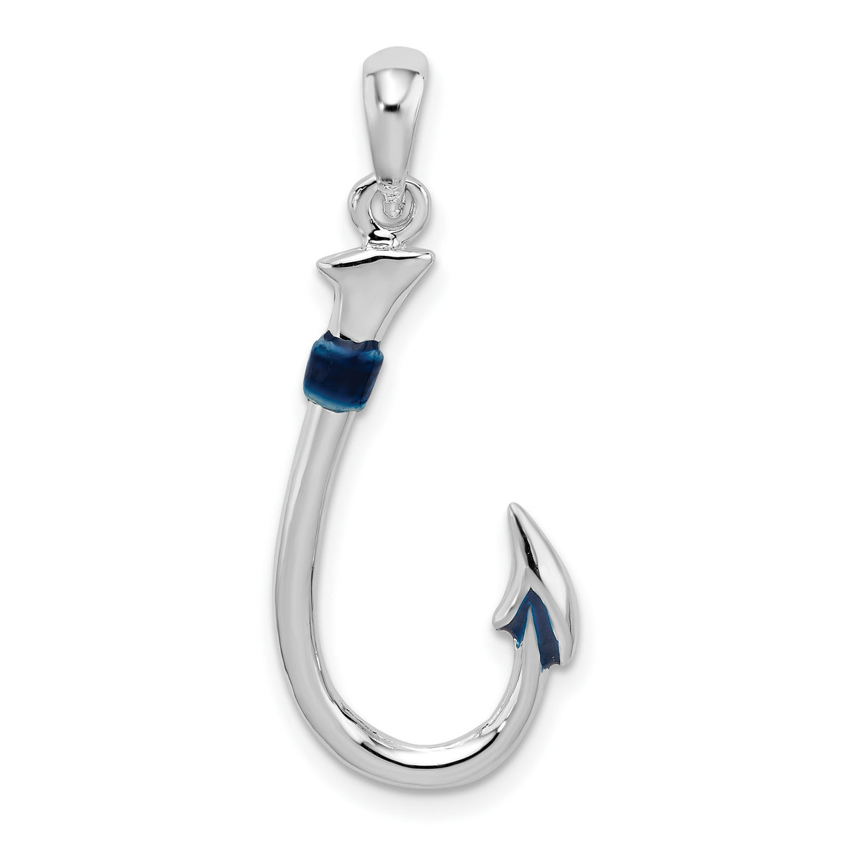 Sterling Silver Fish Hook Pendant with Blue Enamel Accent, Nautical Theme for Men or Unisex Wear