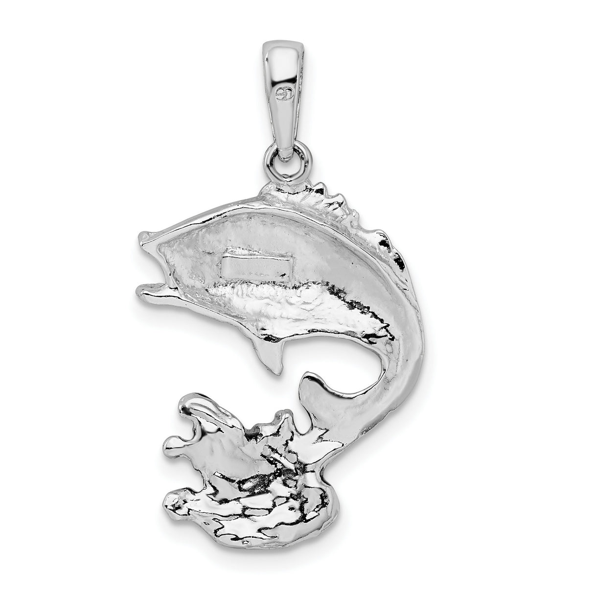 Sterling Silver Jumping Fish Pendant with Blue Accent, Bass and Wave Design, Nautical Theme
