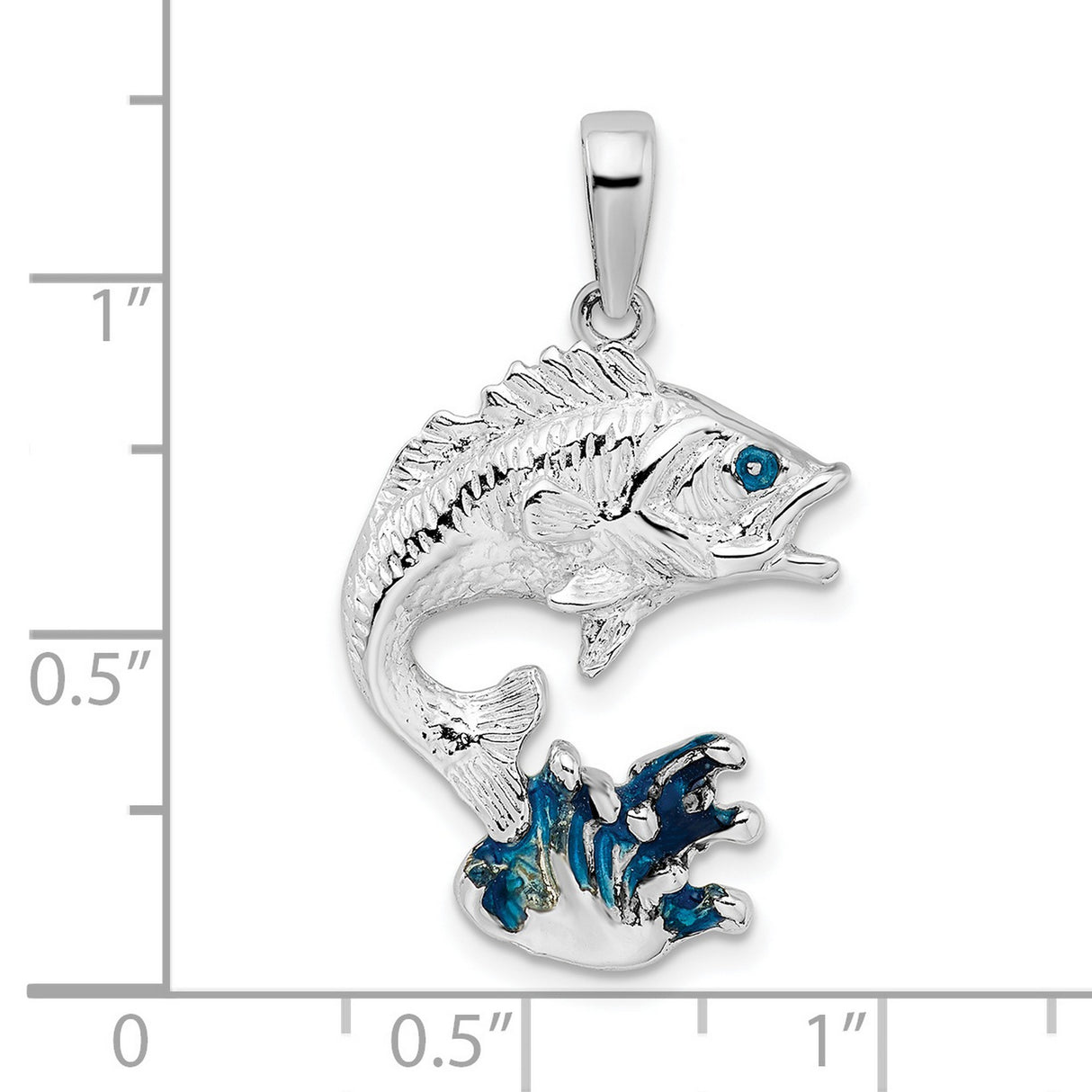 Sterling Silver Jumping Fish Pendant with Blue Accent, Bass and Wave Design, Nautical Theme