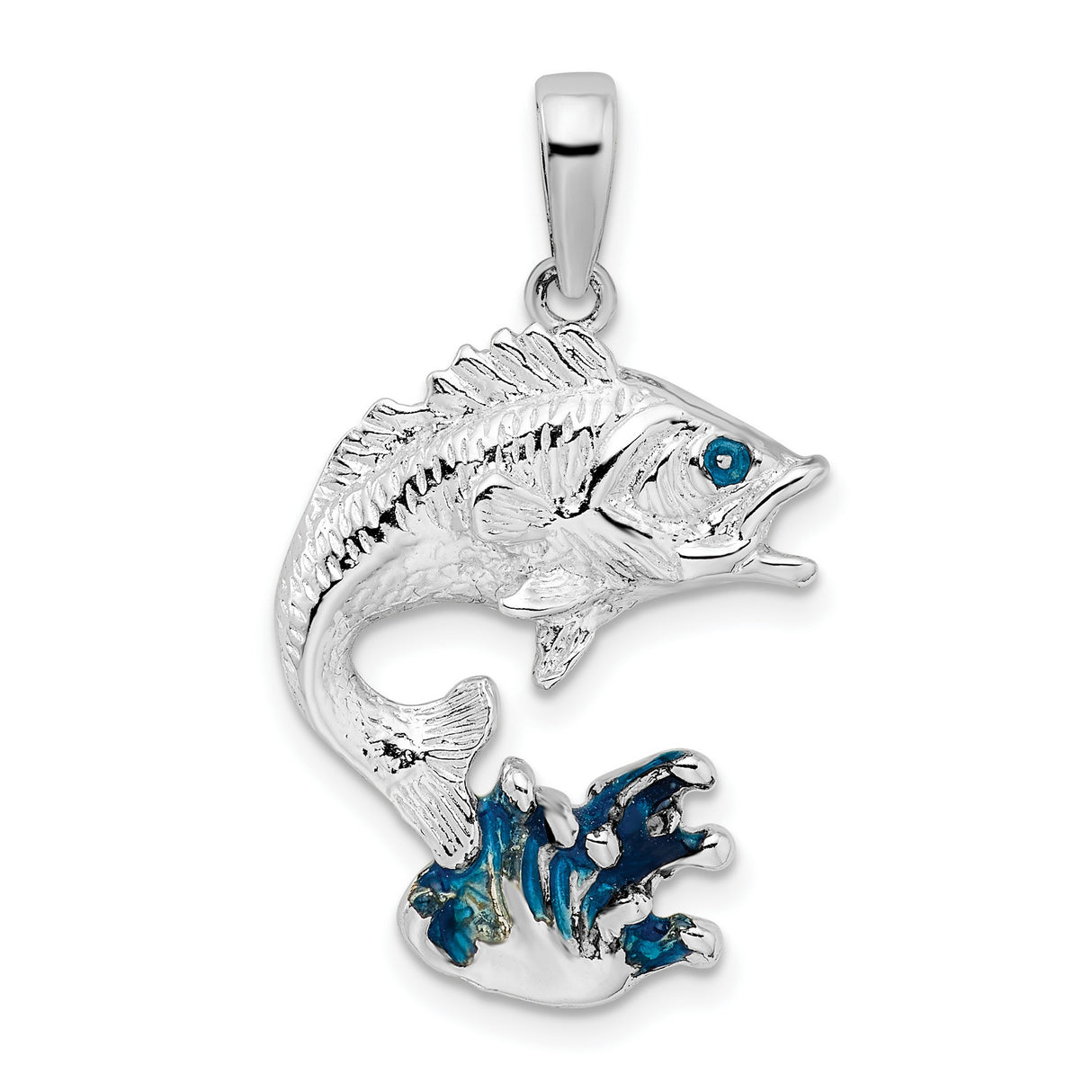 Sterling Silver Jumping Fish Pendant with Blue Accent, Bass and Wave Design, Nautical Theme