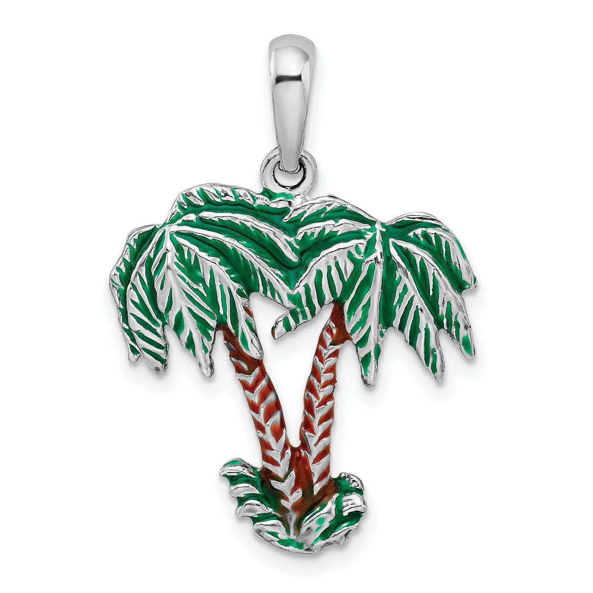 Sterling Silver Palm Tree Pendant with Green and Brown Enamel, Tropical Vacation Theme