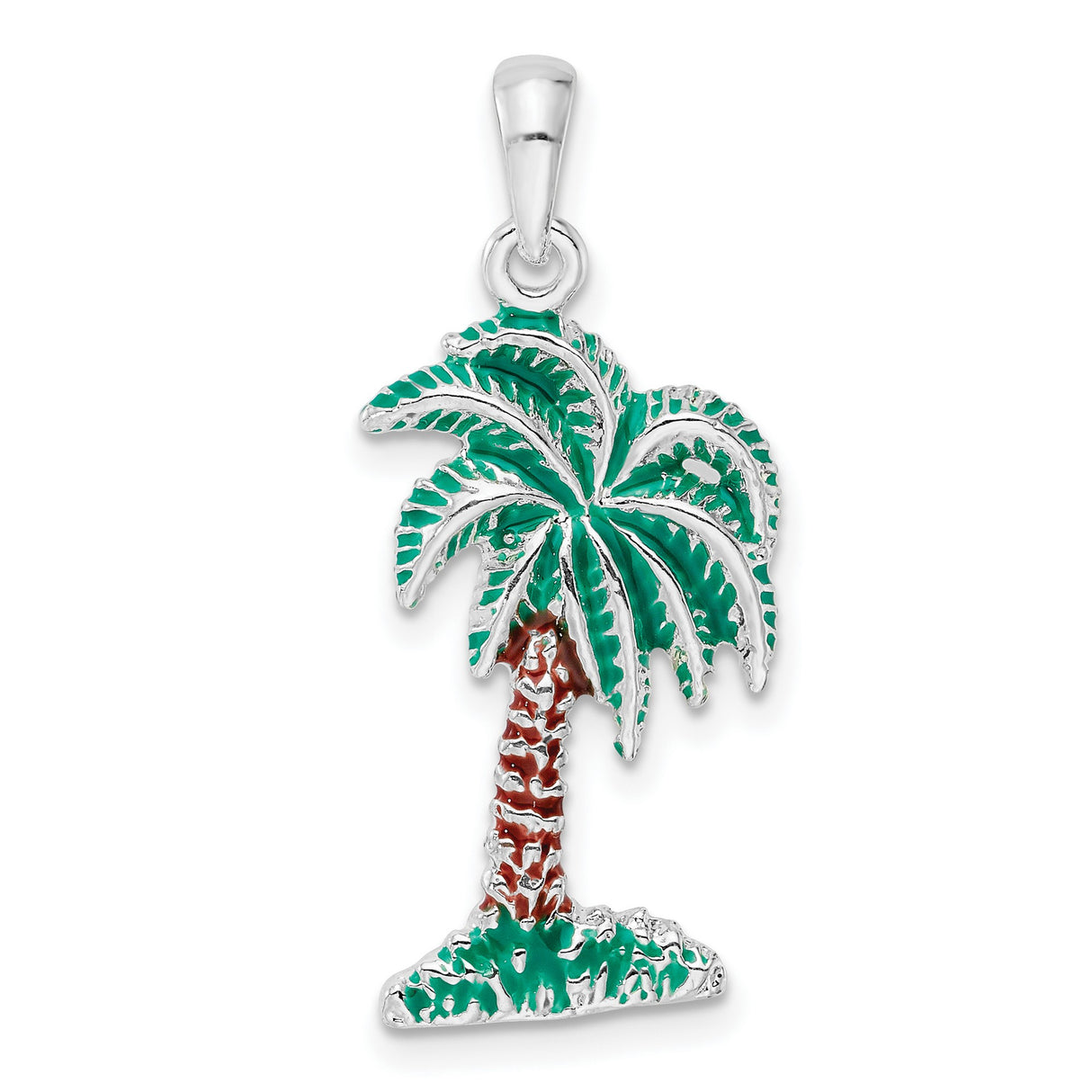 Sterling Silver Palm Tree Pendant with Green and Brown Enamel, Tropical Vacation Theme