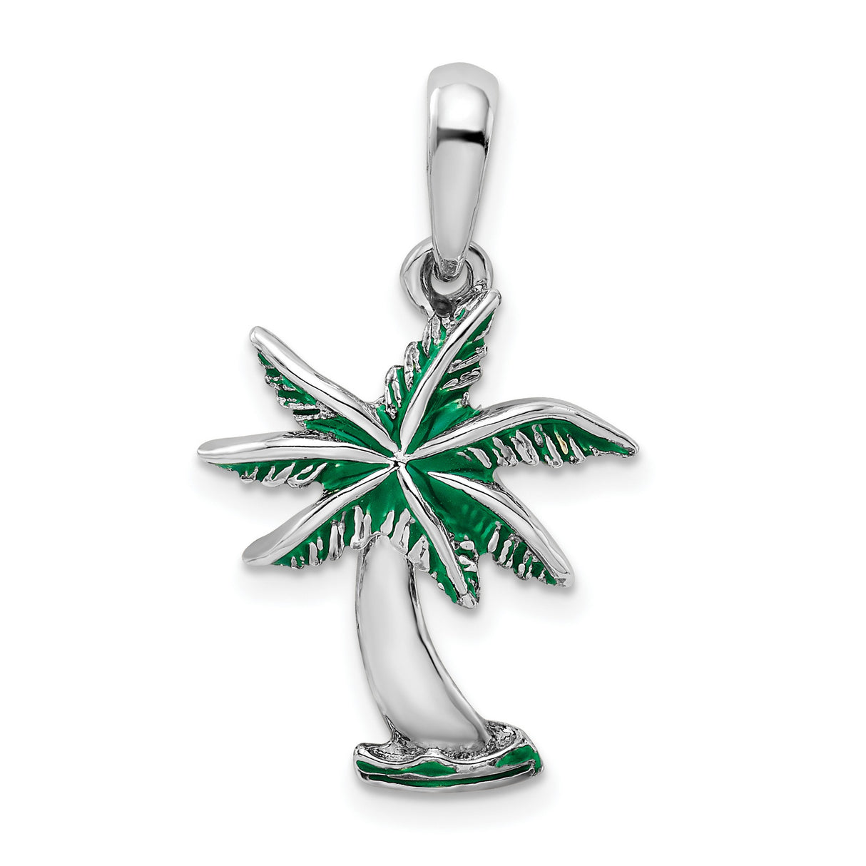 Sterling Silver Palm Tree Pendant with Green Enamel, Tropical Beach Theme Jewelry