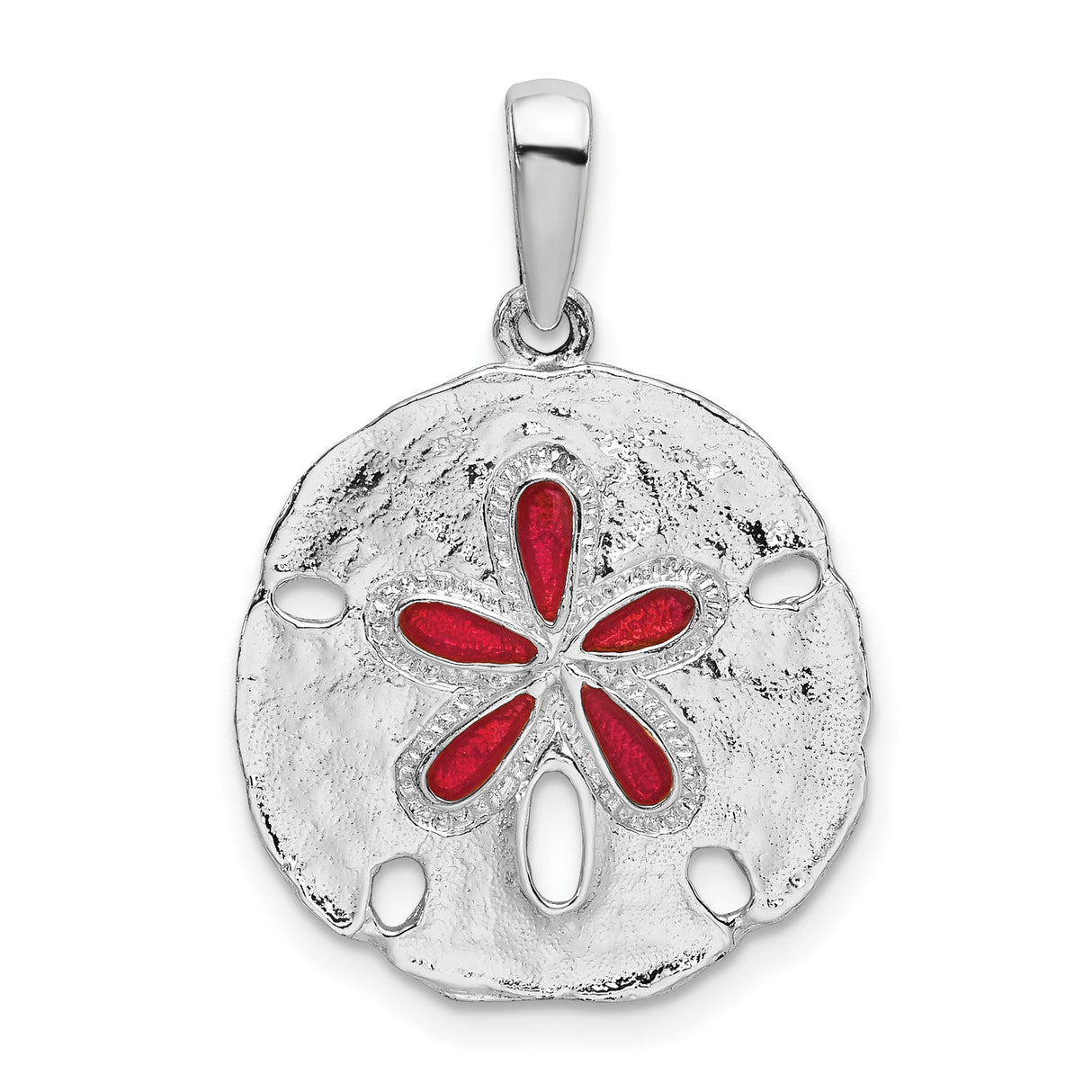 Sterling Silver Sand Dollar Pendant with Red Enamel, Star Motif Coastal Jewelry for Women