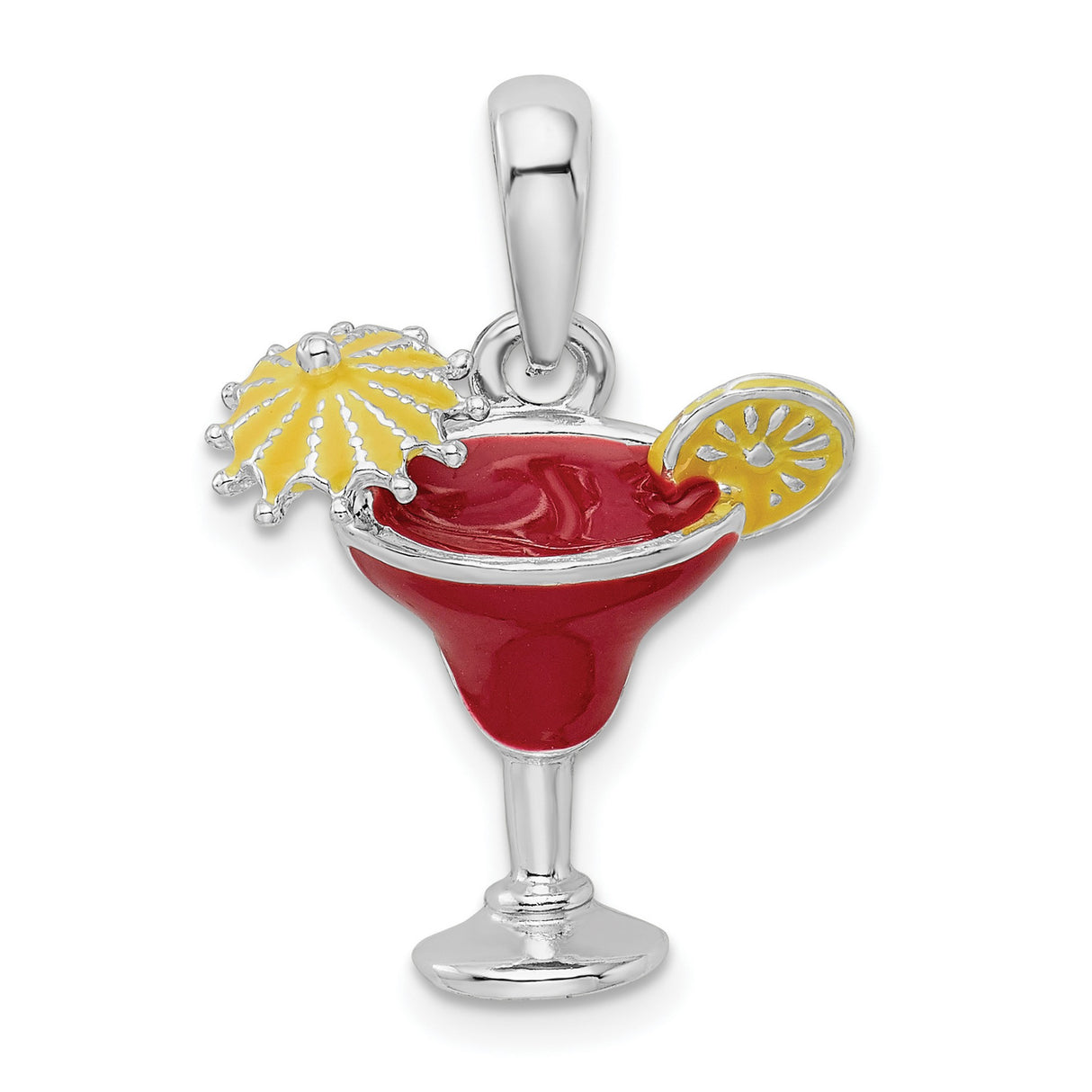 Sterling Silver Cocktail Drink Pendant with Red Enamel, Lemon Slice, and Umbrella Charm