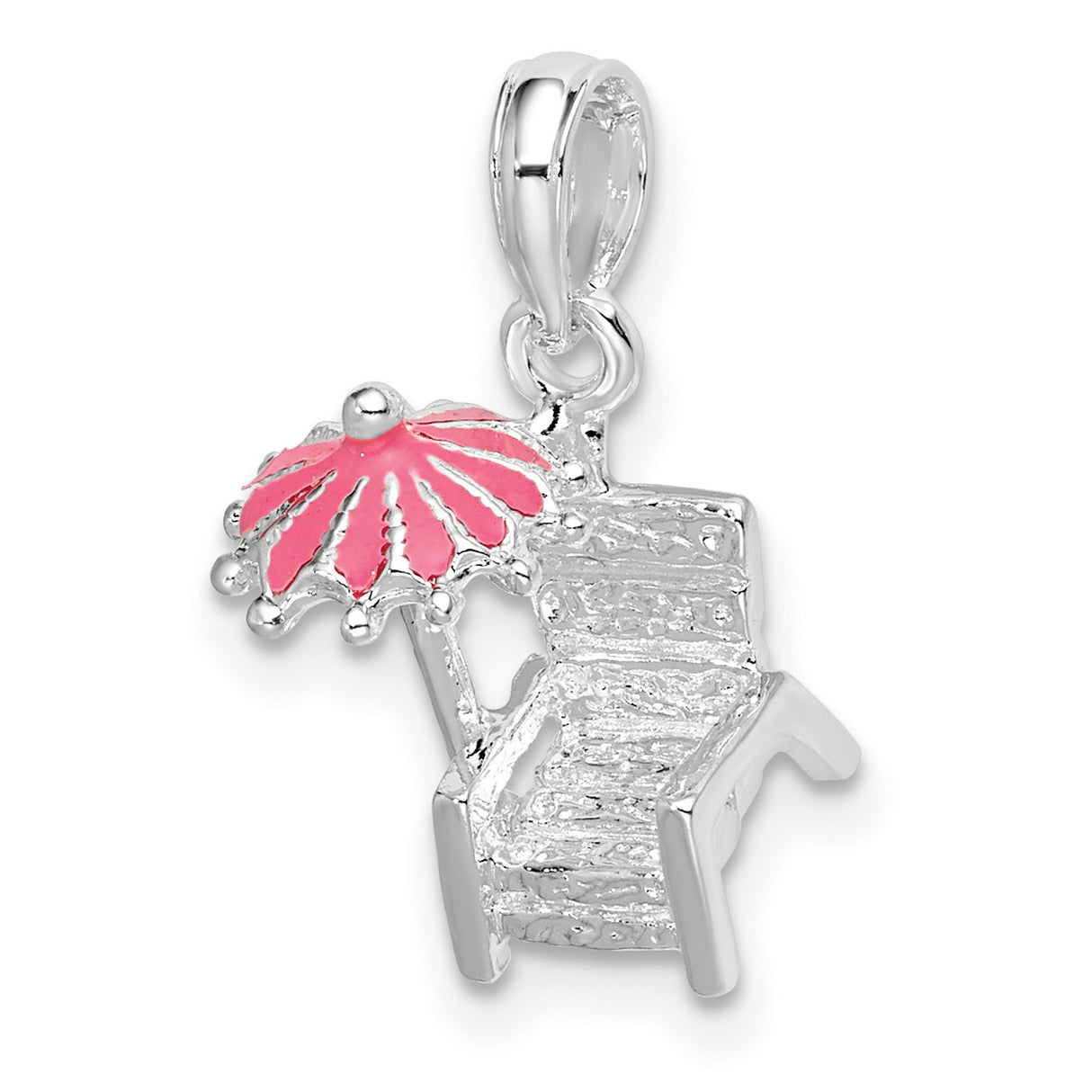 Sterling Silver Charm with Pink Enamel Umbrella, Beach Chair Summer Vacation Theme