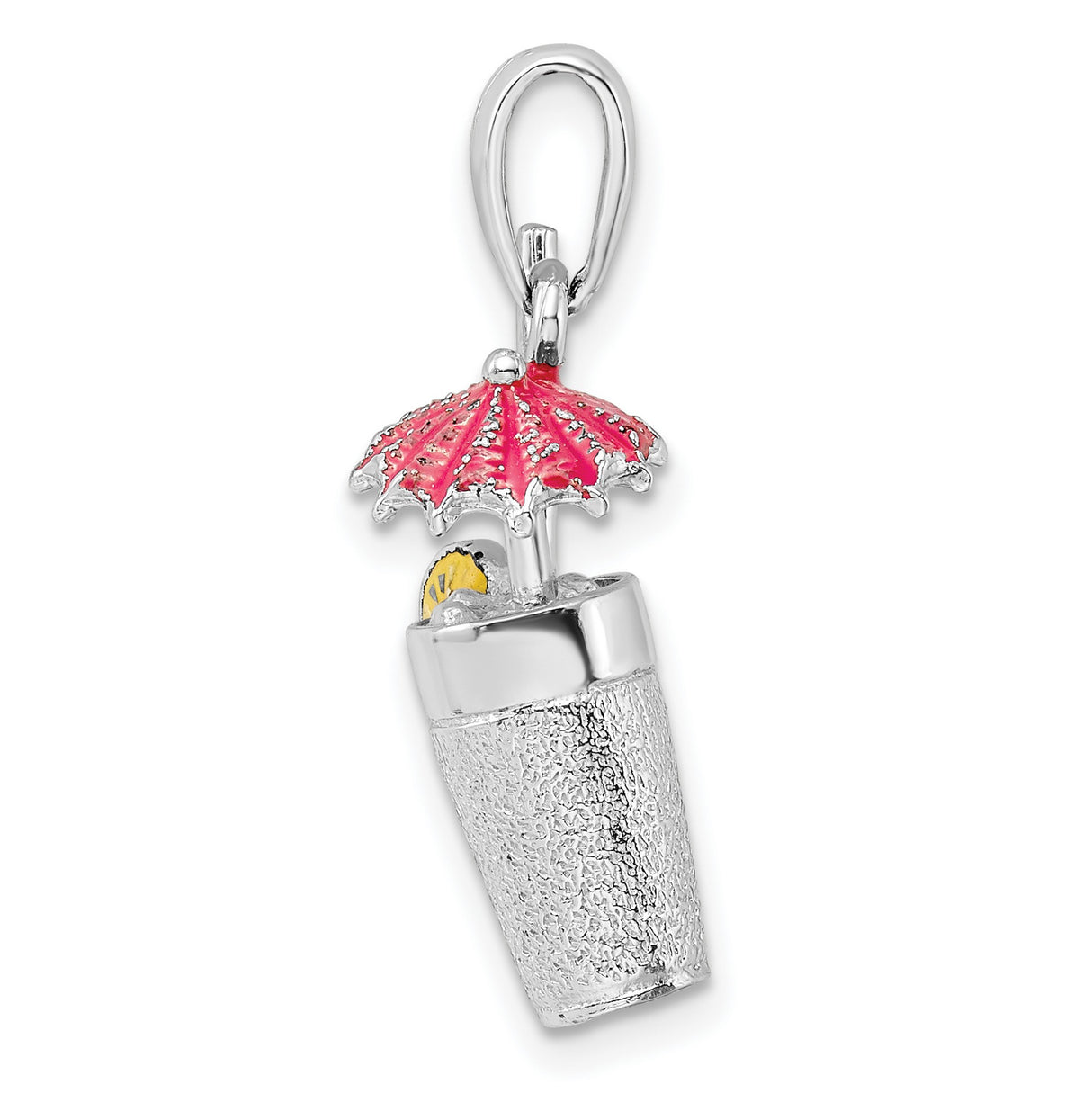 Sterling Silver Cocktail Pendant Charm with Pink Umbrella, Lemon Slice, and Straw