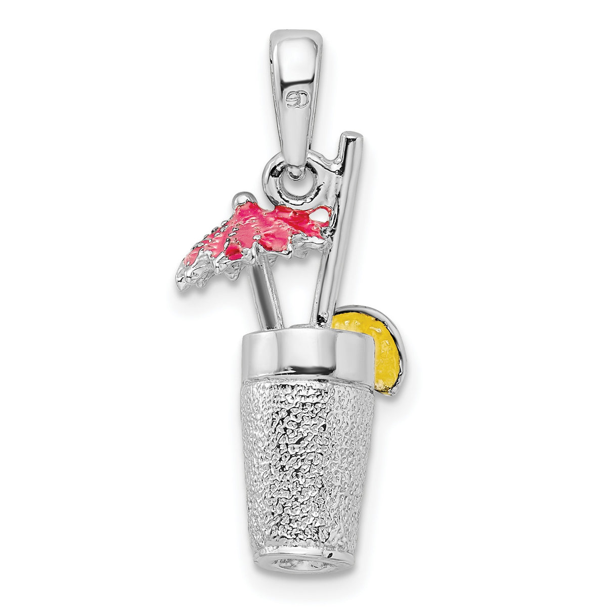 Sterling Silver Cocktail Pendant Charm with Pink Umbrella, Lemon Slice, and Straw