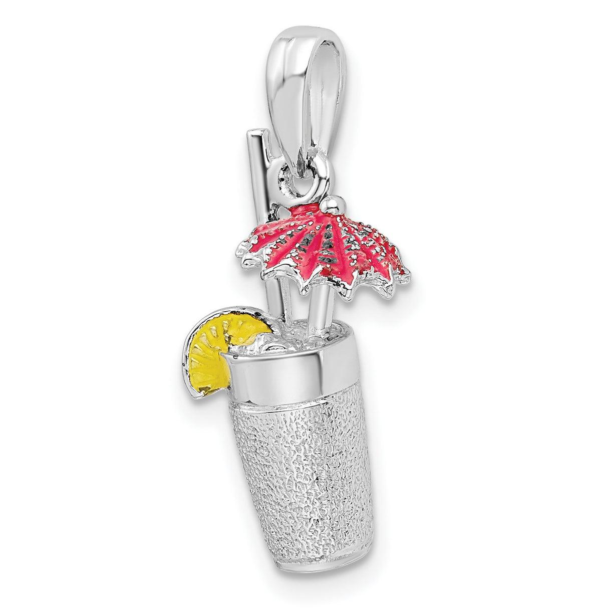 Sterling Silver Cocktail Pendant Charm with Pink Umbrella, Lemon Slice, and Straw