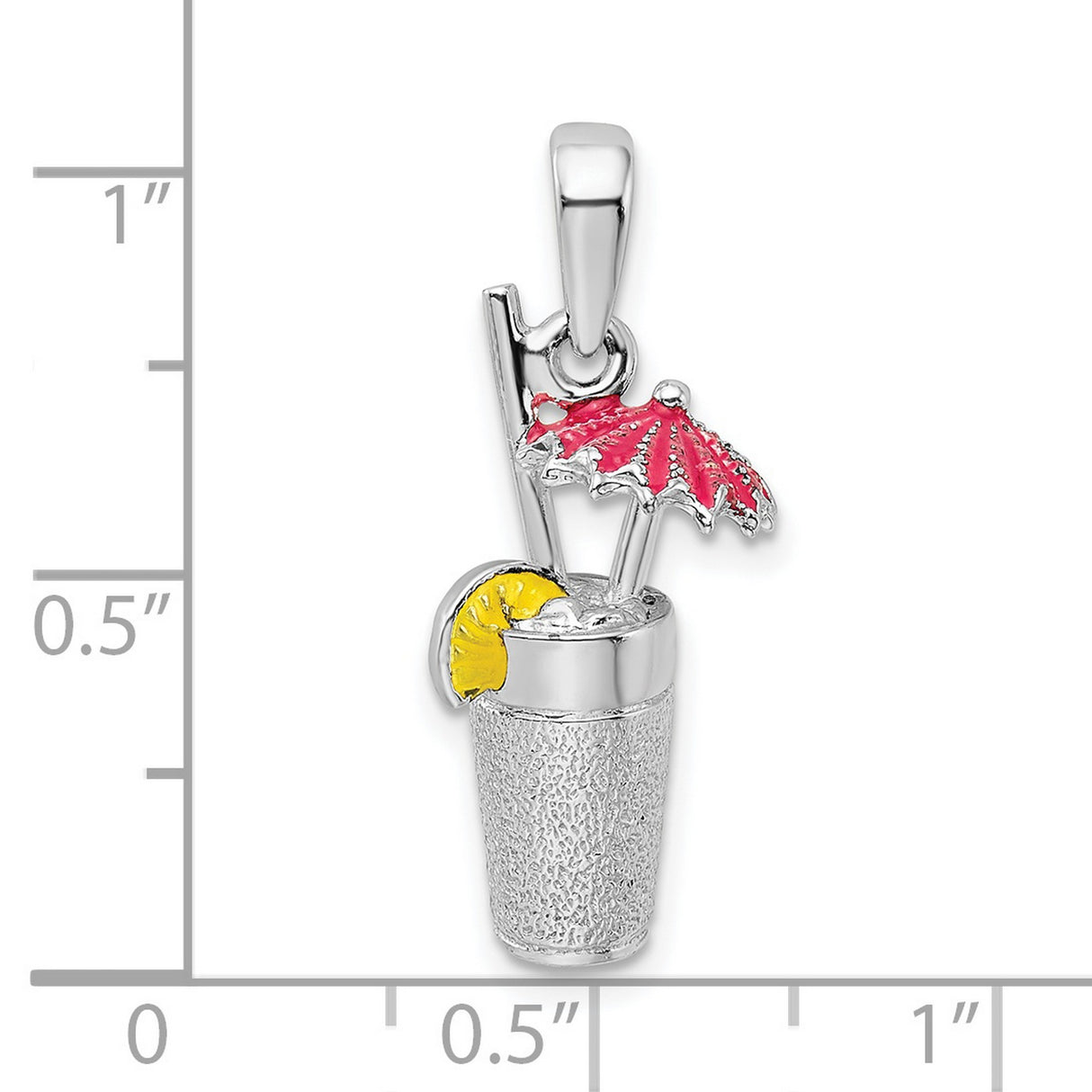 Sterling Silver Cocktail Pendant Charm with Pink Umbrella, Lemon Slice, and Straw