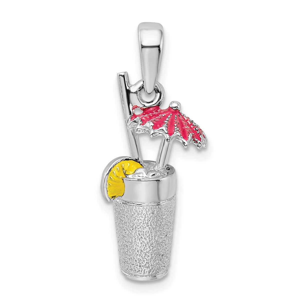 Sterling Silver Cocktail Pendant Charm with Pink Umbrella, Lemon Slice, and Straw