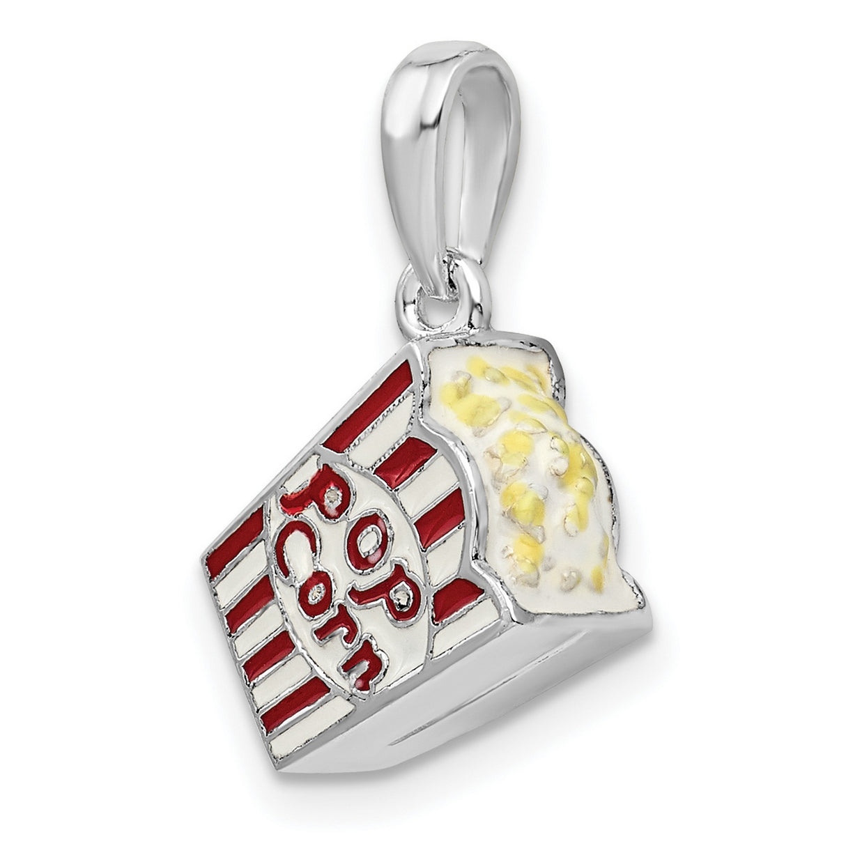 Sterling Silver Popcorn Bucket Charm Pendant with Red and White Enamel, Movie Snack Theme