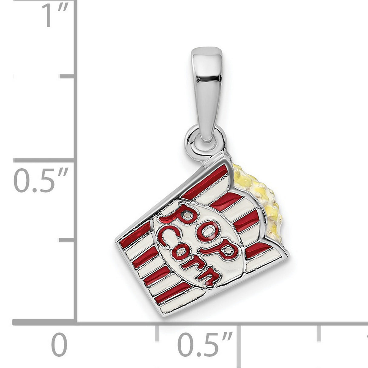 Sterling Silver Popcorn Bucket Charm Pendant with Red and White Enamel, Movie Snack Theme
