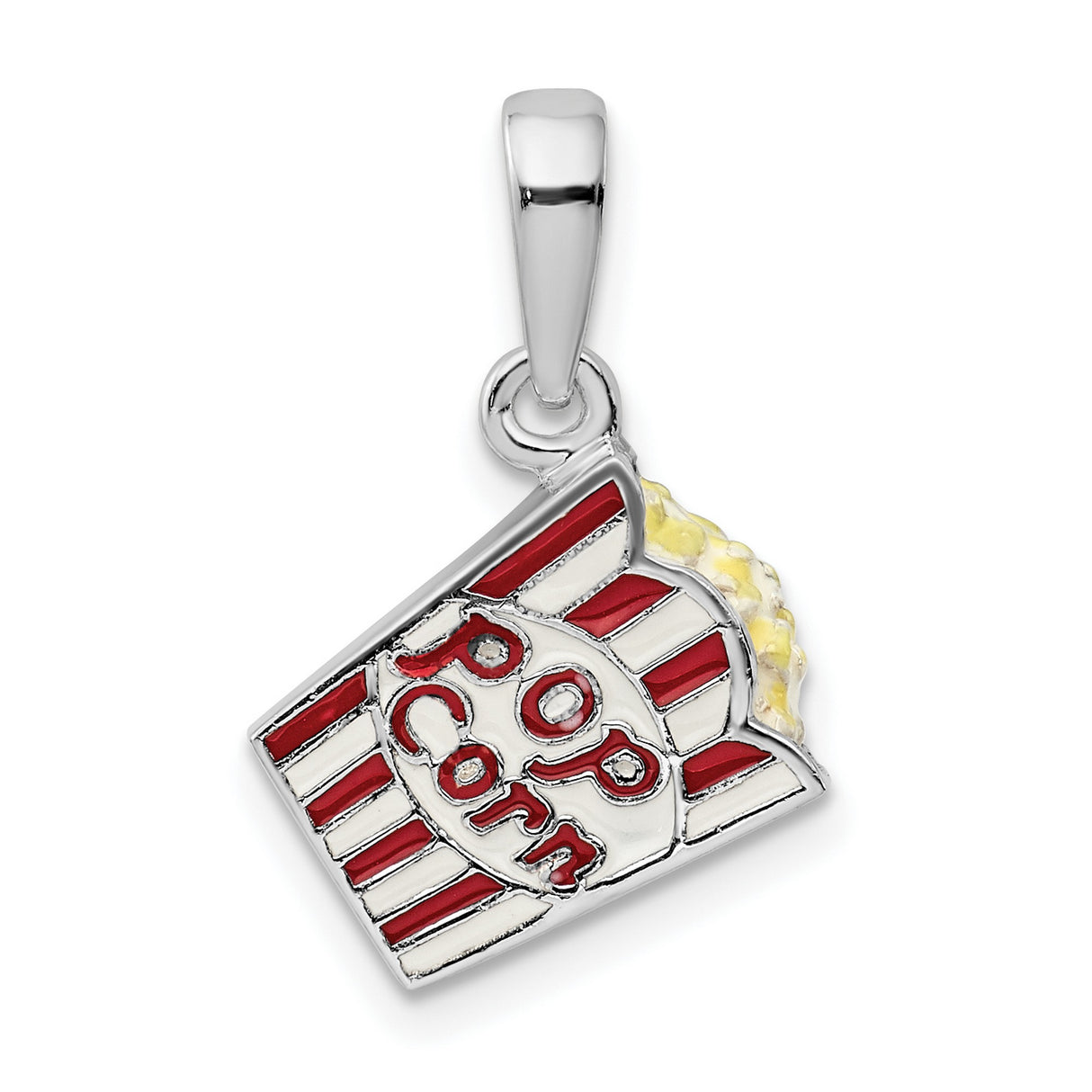 Sterling Silver Popcorn Bucket Charm Pendant with Red and White Enamel, Movie Snack Theme