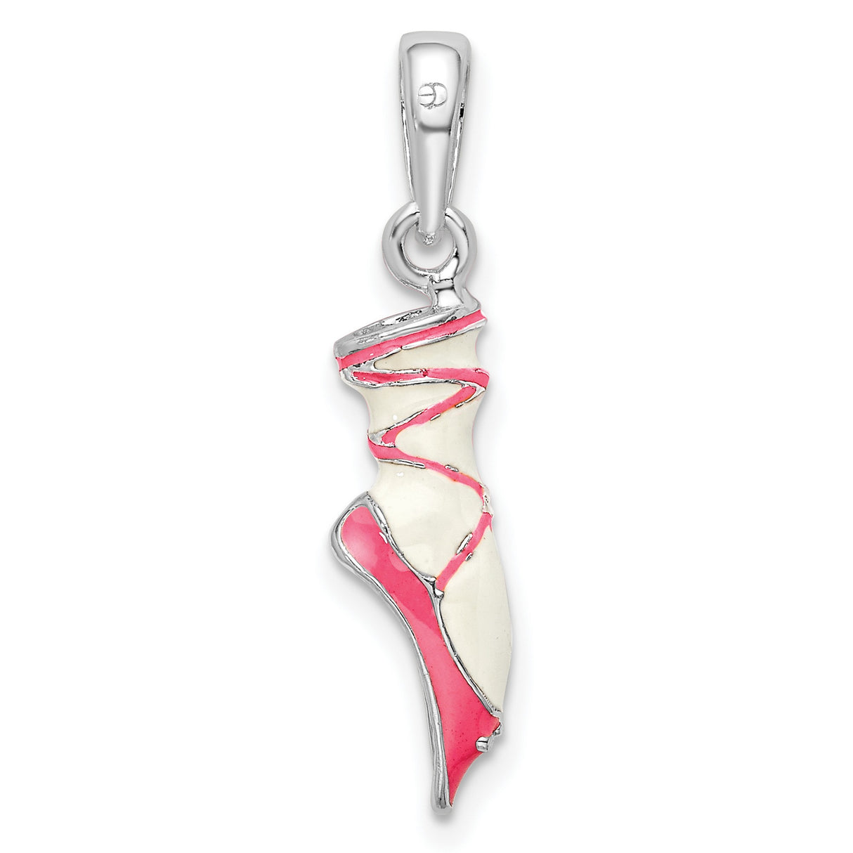 Sterling Silver Ballet Slipper Pendant with Pink and White Enamel Detailing, 3D Dance Charm