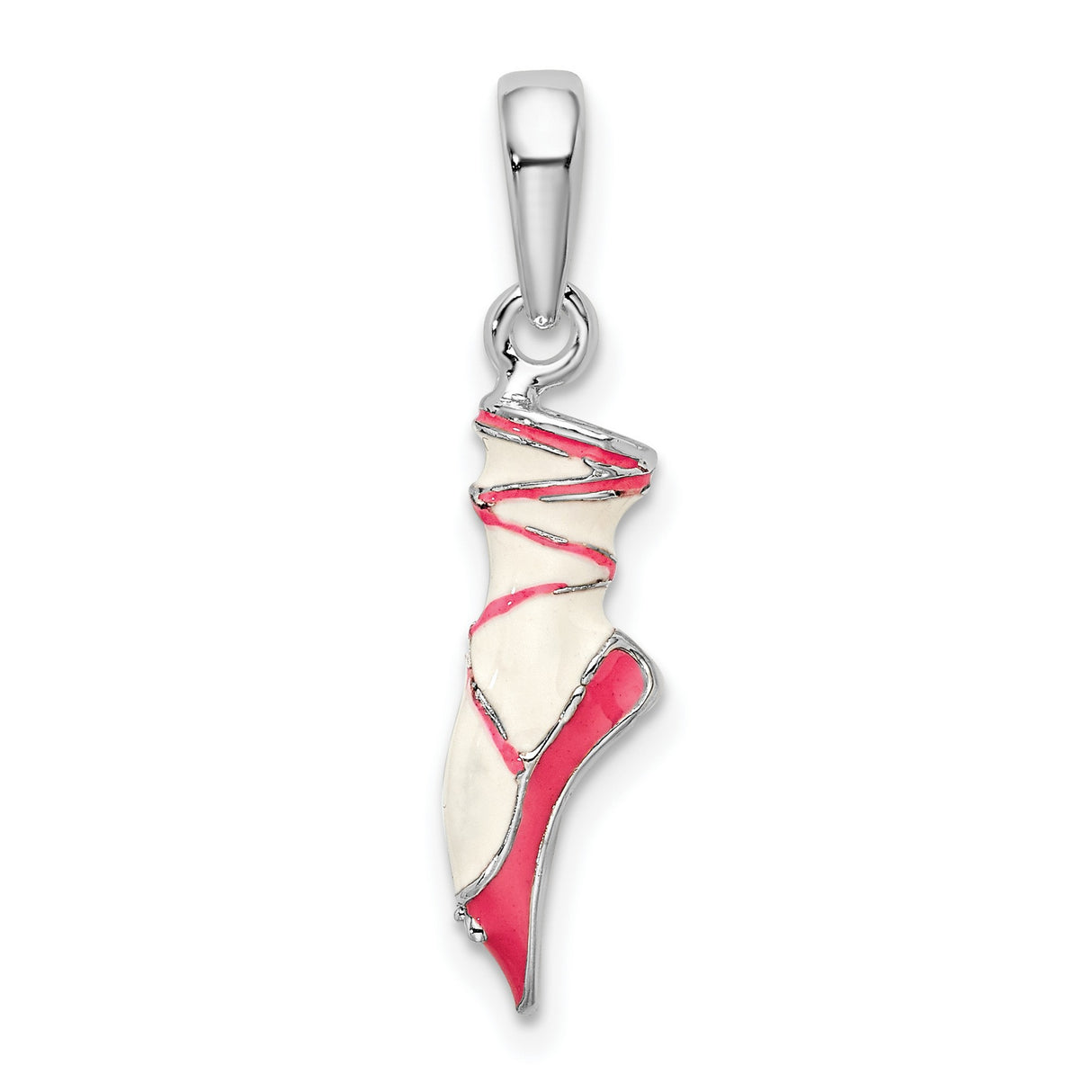 Sterling Silver Ballet Slipper Pendant with Pink and White Enamel Detailing, 3D Dance Charm