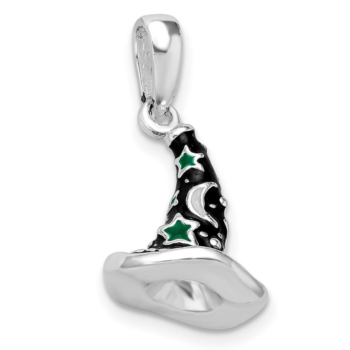 Sterling Silver Witch Hat Pendant with Green Stars and Crescent Moon, Mystical Charm for Women and Teens