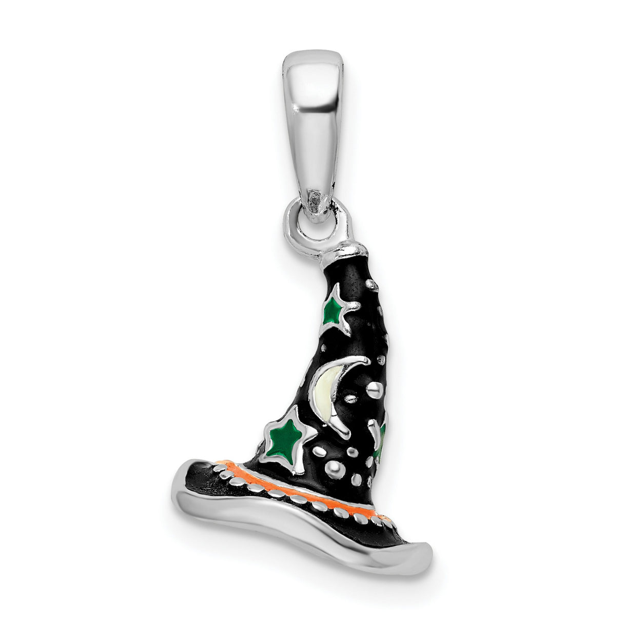 Sterling Silver Witch Hat Pendant with Green Stars and Crescent Moon, Mystical Charm for Women and Teens