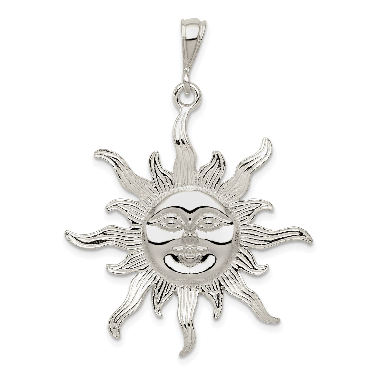 Sterling Silver Sun Face Pendant with Radiant Rays, Boho Celestial Medallion Design