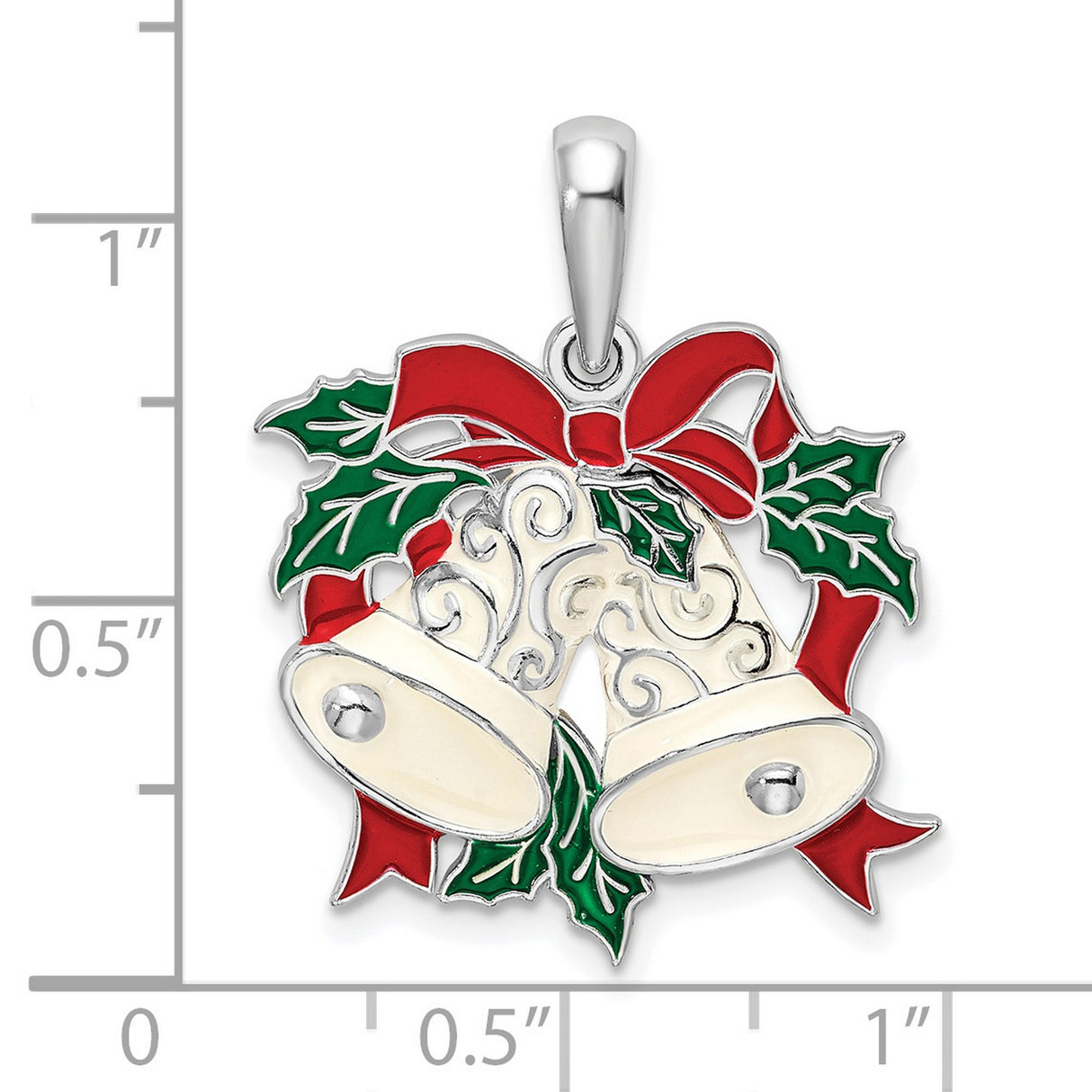 Sterling Silver Christmas Pendant with Enamel Holiday Bells and Holly Leaves