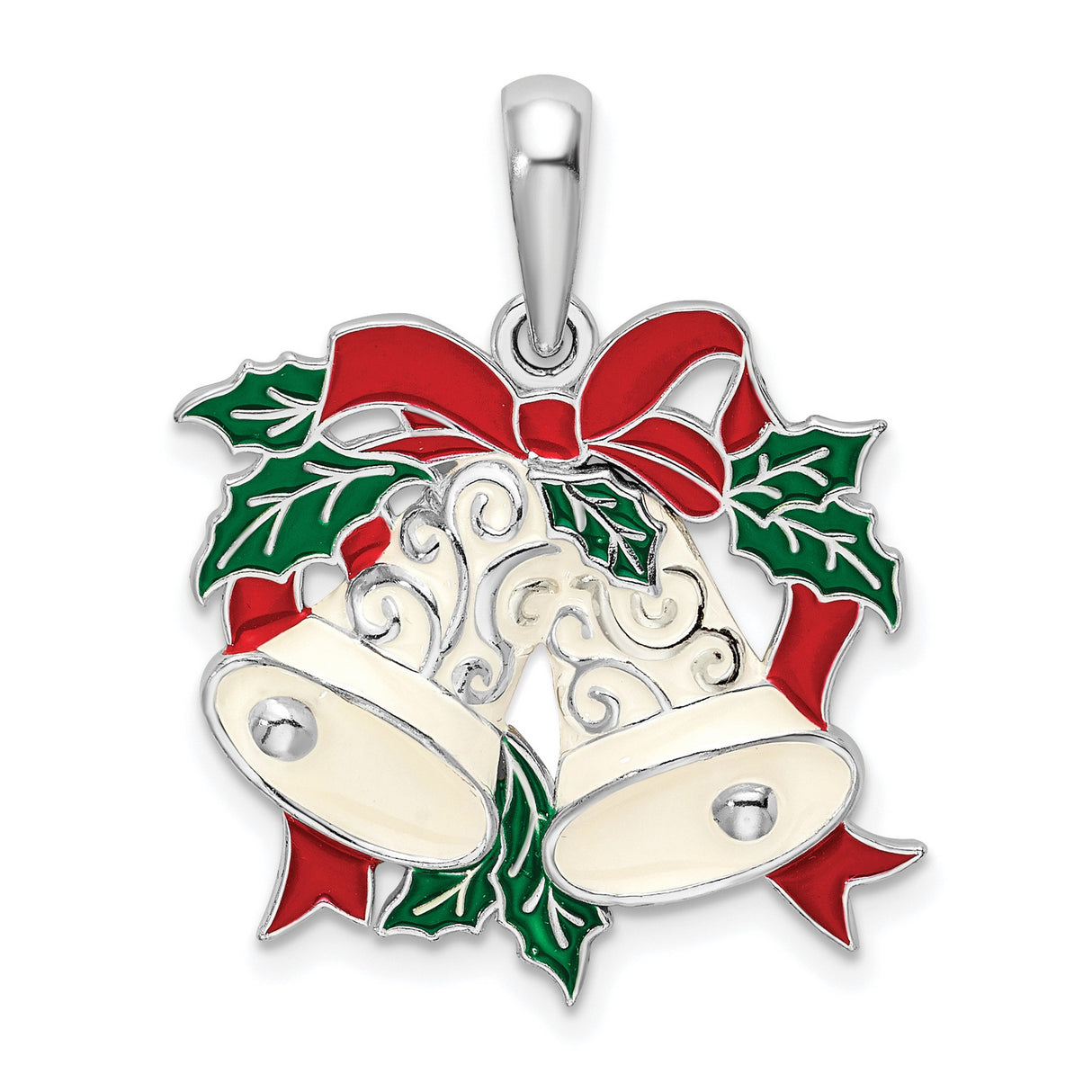 Sterling Silver Christmas Pendant with Enamel Holiday Bells and Holly Leaves