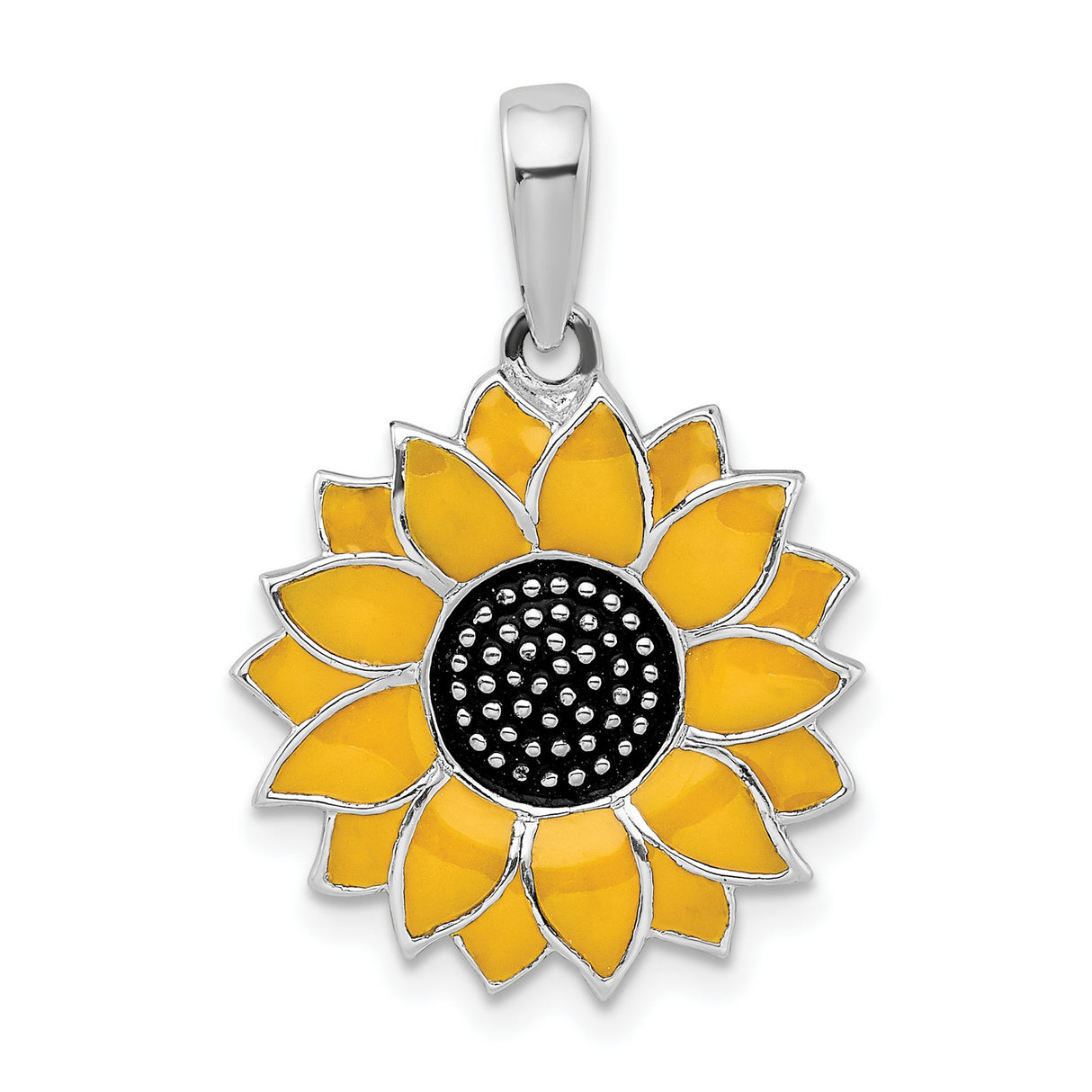 Sterling Silver Sunflower Pendant with Yellow Enamel Petals and Black Center, Nature Inspired Charm