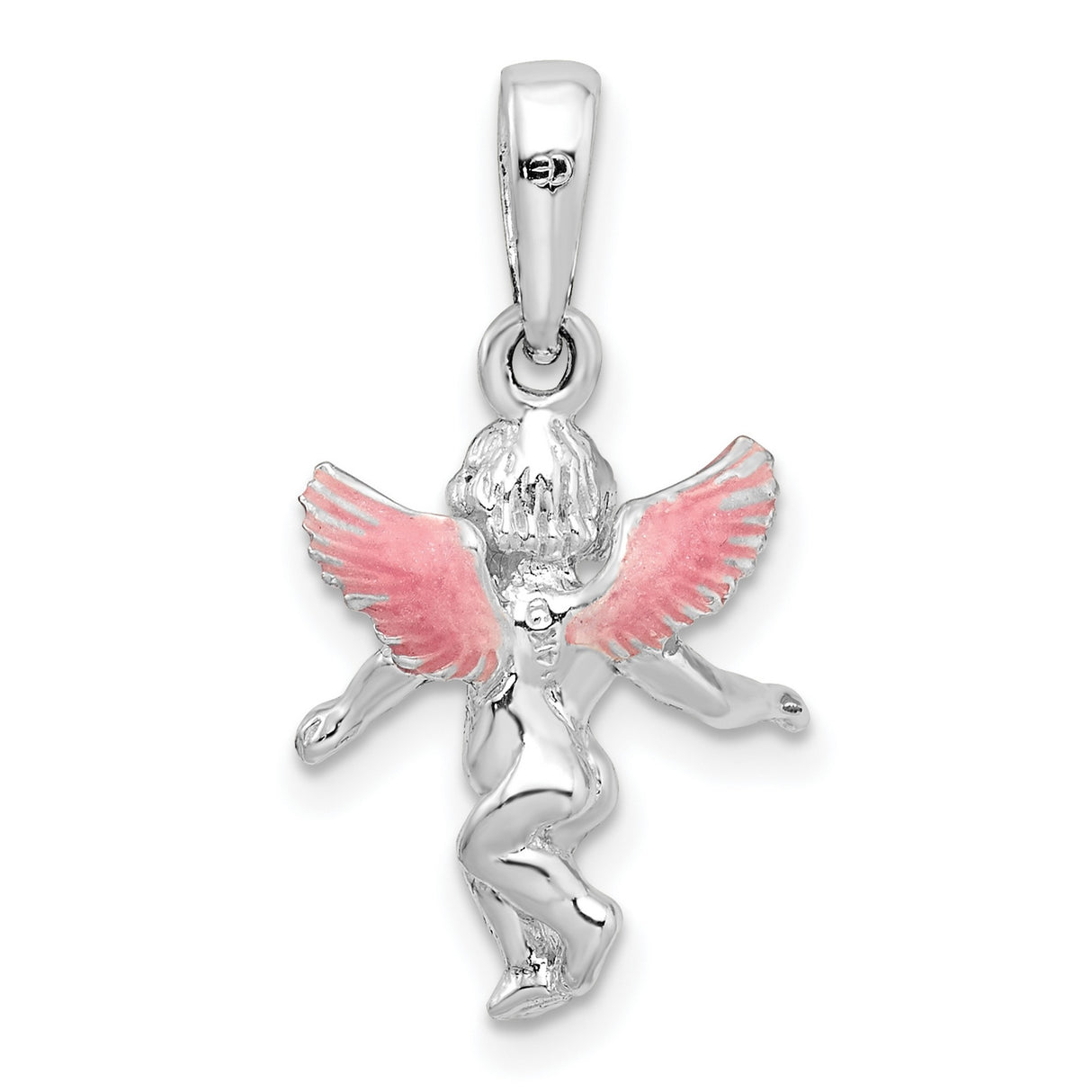 Sterling Silver Angel Pendant with Pink Enamel Wings, Cherub Charm Symbolizing Faith and Protection