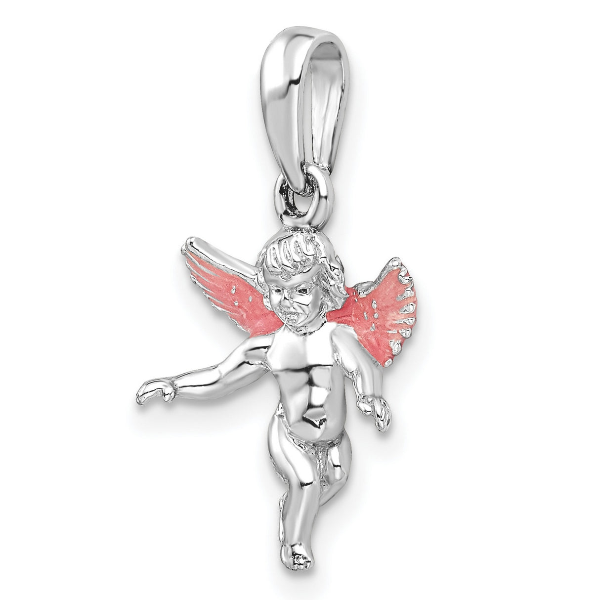 Sterling Silver Angel Pendant with Pink Enamel Wings, Cherub Charm Symbolizing Faith and Protection