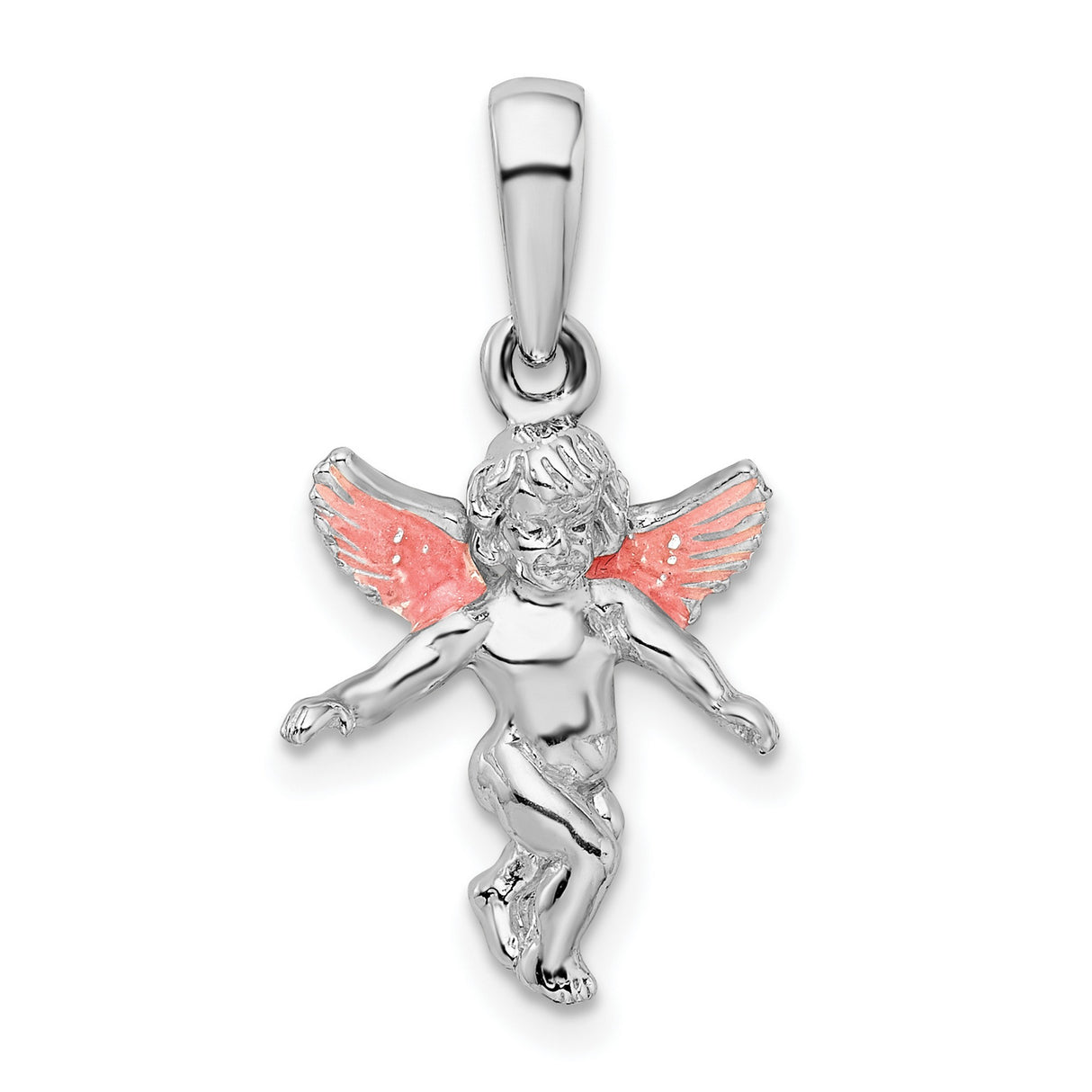 Sterling Silver Angel Pendant with Pink Enamel Wings, Cherub Charm Symbolizing Faith and Protection