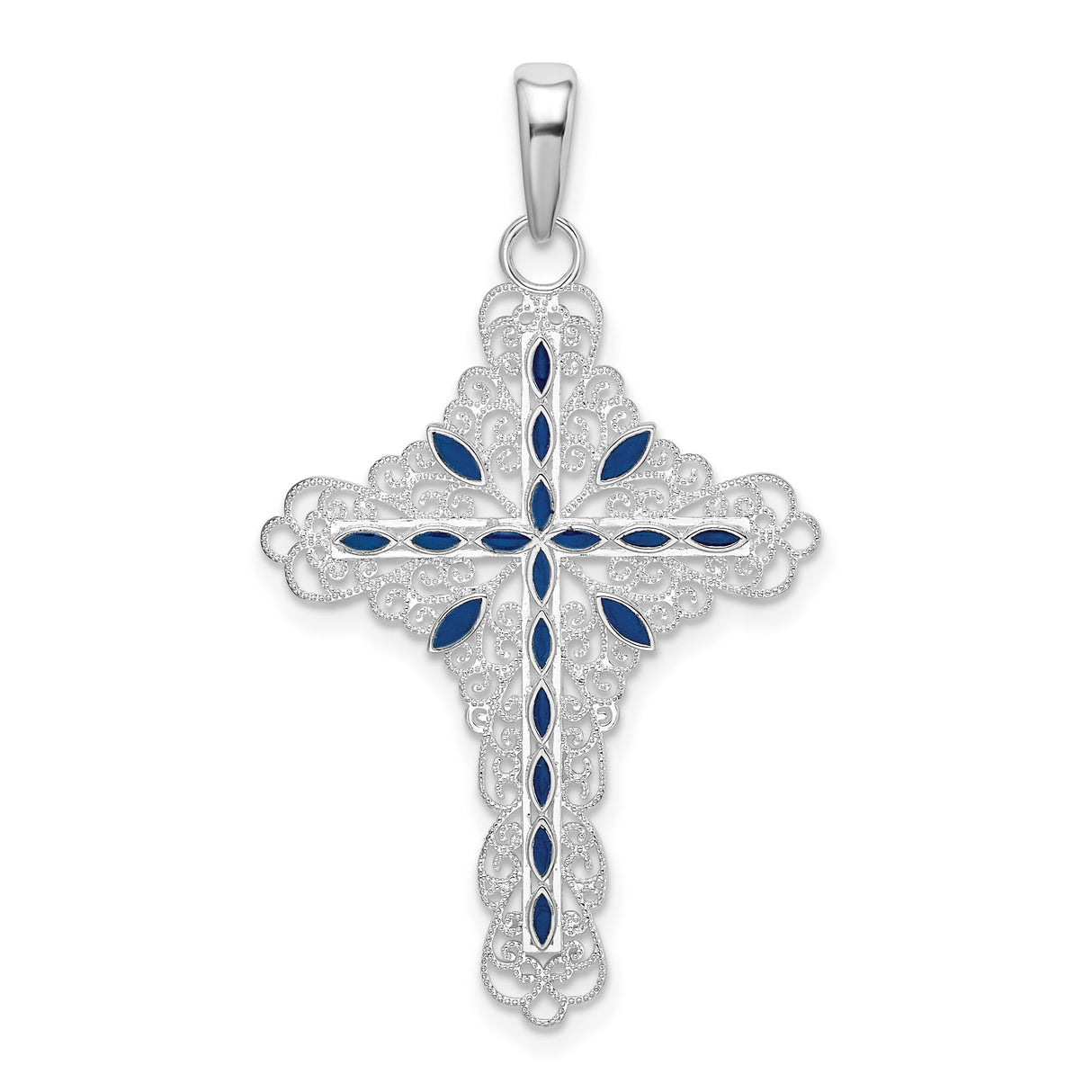 Sterling Silver Cross Pendant with Blue Marquise Inlay and Filigree Detail