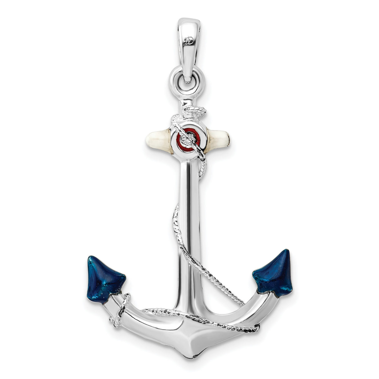 Sterling Silver Anchor Pendant with Blue Enamel, Rope Detail, Life Preserver Design