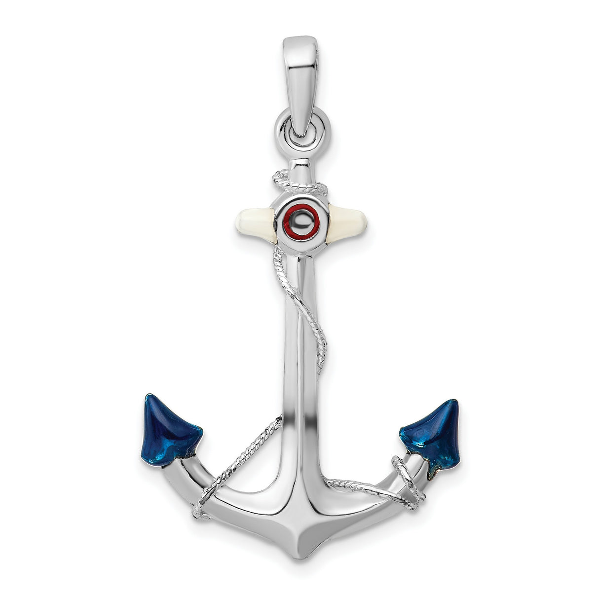 Sterling Silver Anchor Pendant with Blue Enamel, Rope Detail, Life Preserver Design
