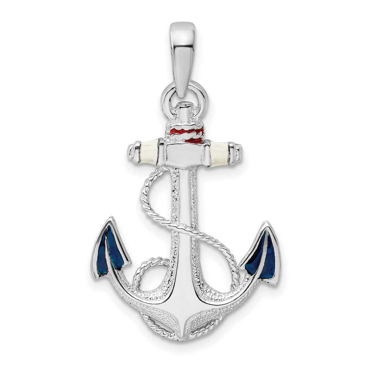 Sterling Silver Anchor Pendant with Nautical Rope and Red White Blue Enamel Accents
