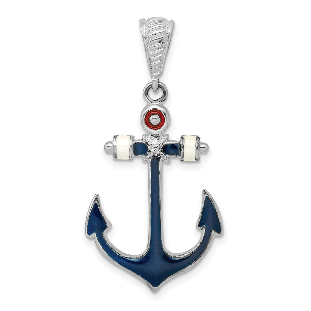 Sterling Silver Anchor Pendant with Navy Blue Enamel and Red White Accents, Nautical Theme Charm