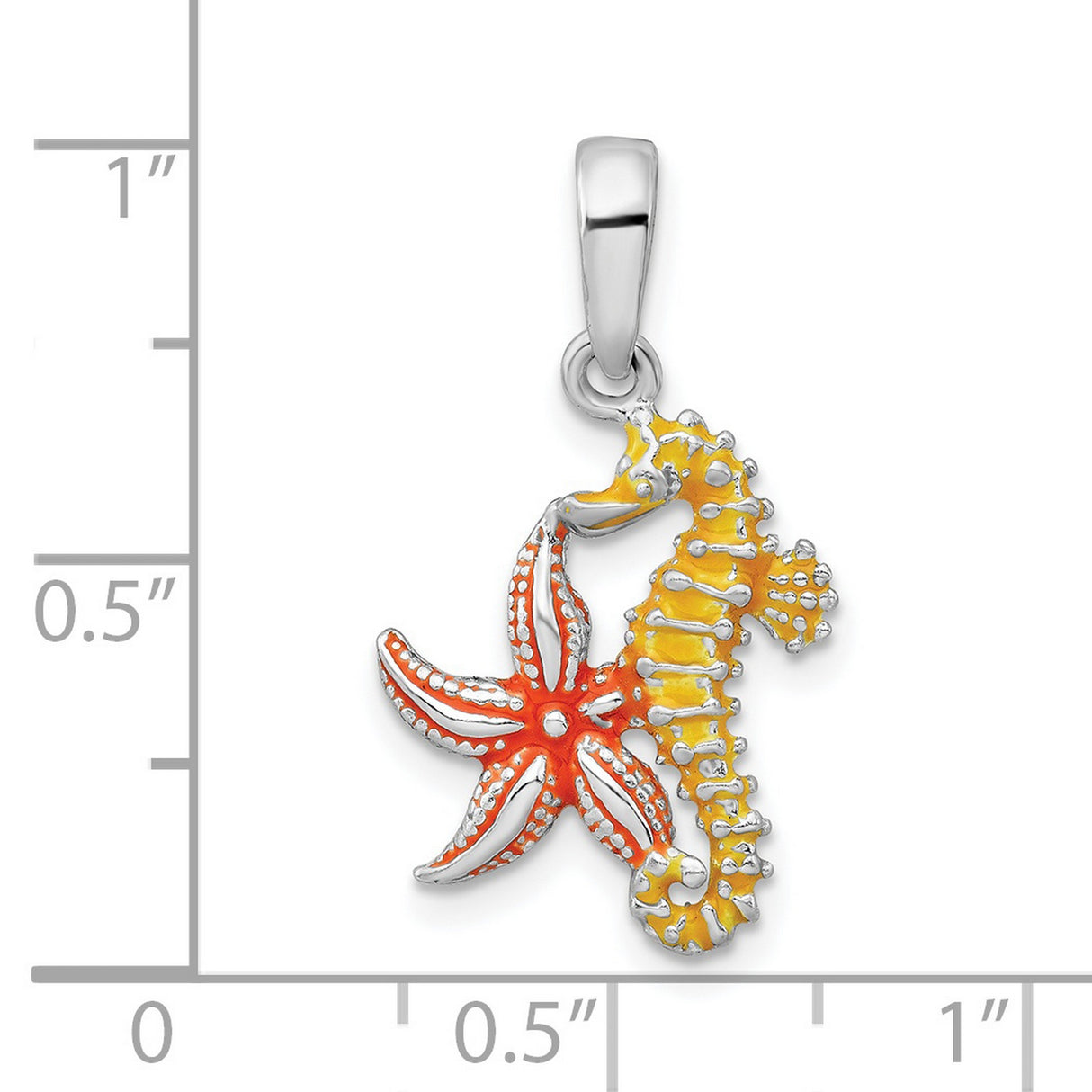 Sterling Silver Ocean Pendant with Orange Starfish and Green Seahorse, Nautical Theme for Women