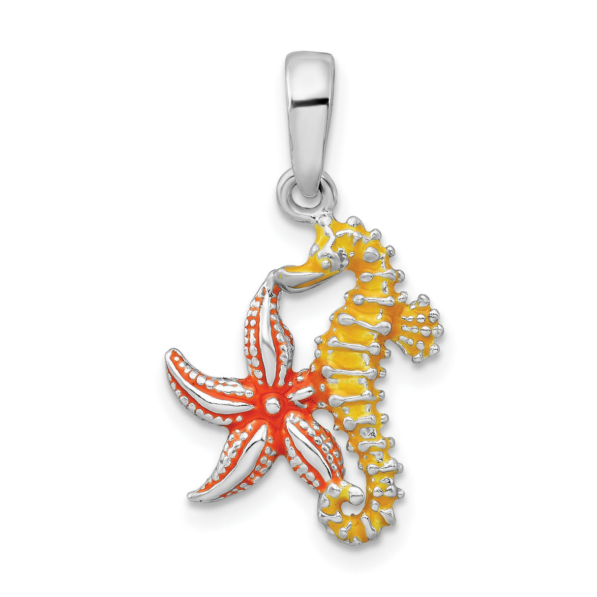 Sterling Silver Ocean Pendant with Orange Starfish and Green Seahorse, Nautical Theme for Women