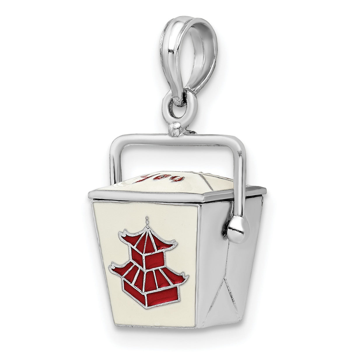Sterling Silver Chinese Takeout Pendant with Red Enamel, Movable Pagoda Charm, Quirky Asian Theme