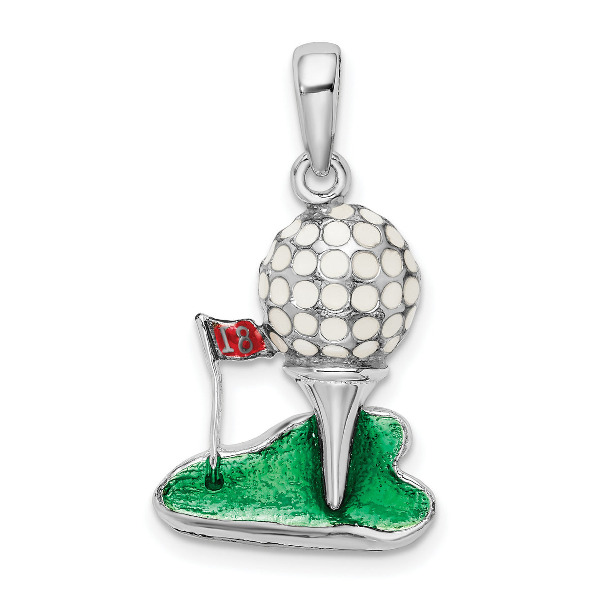 Sterling Silver Golf Pendant with Enameled Green Base and Red Flag Design