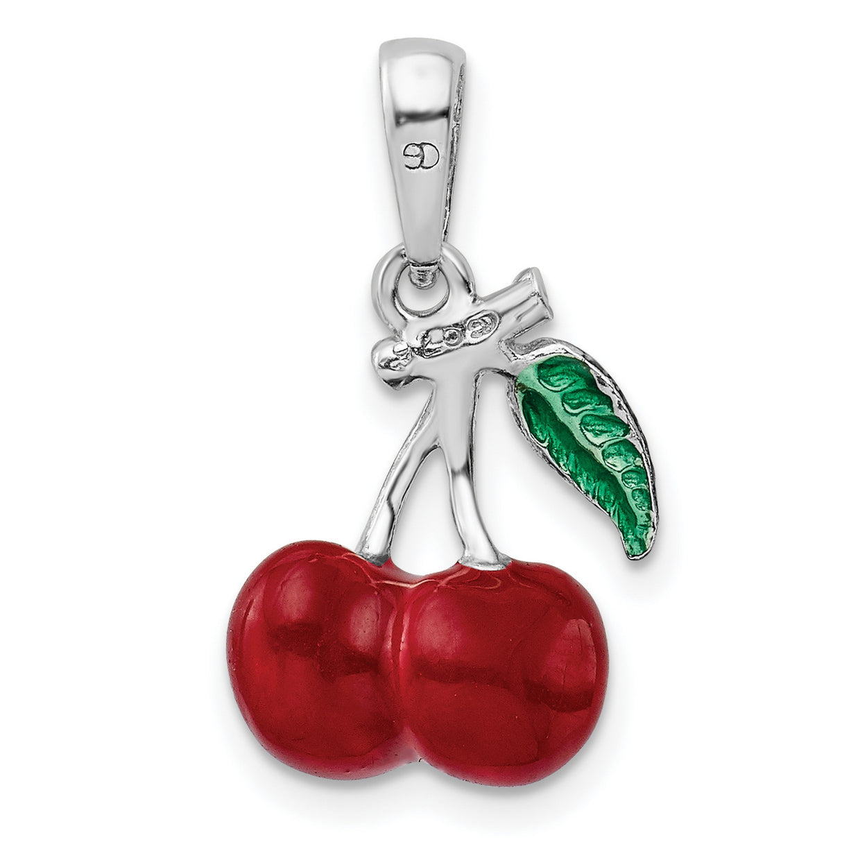 Polished 3-D Enameled Cherries Charm Pendant in Real 925 Sterling Silver