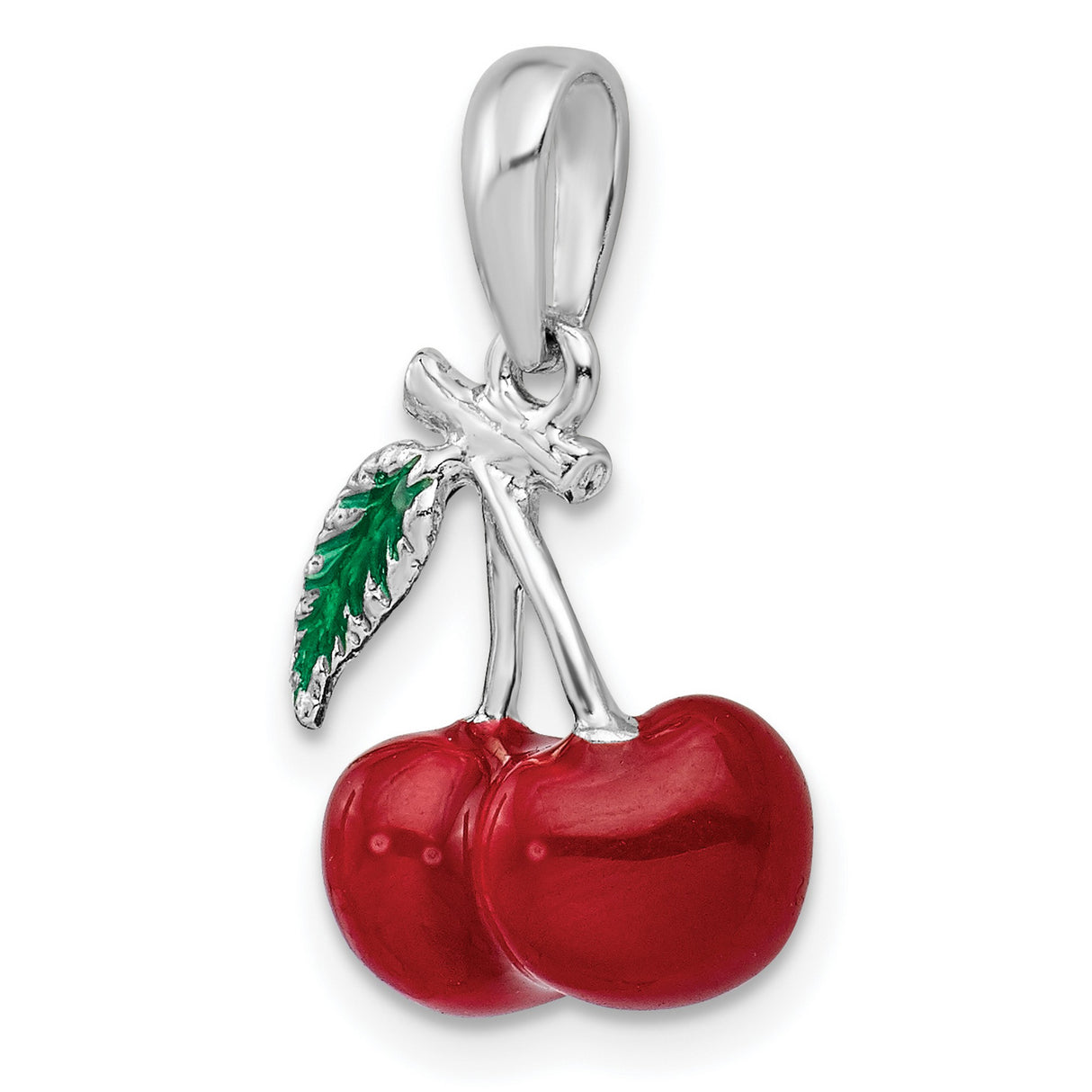 Polished 3-D Enameled Cherries Charm Pendant in Real 925 Sterling Silver