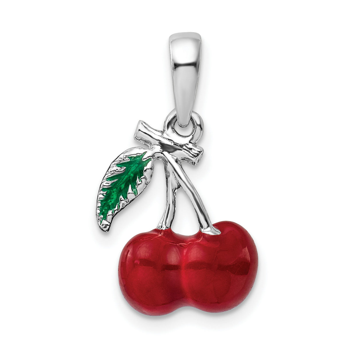 Polished 3-D Enameled Cherries Charm Pendant in Real 925 Sterling Silver