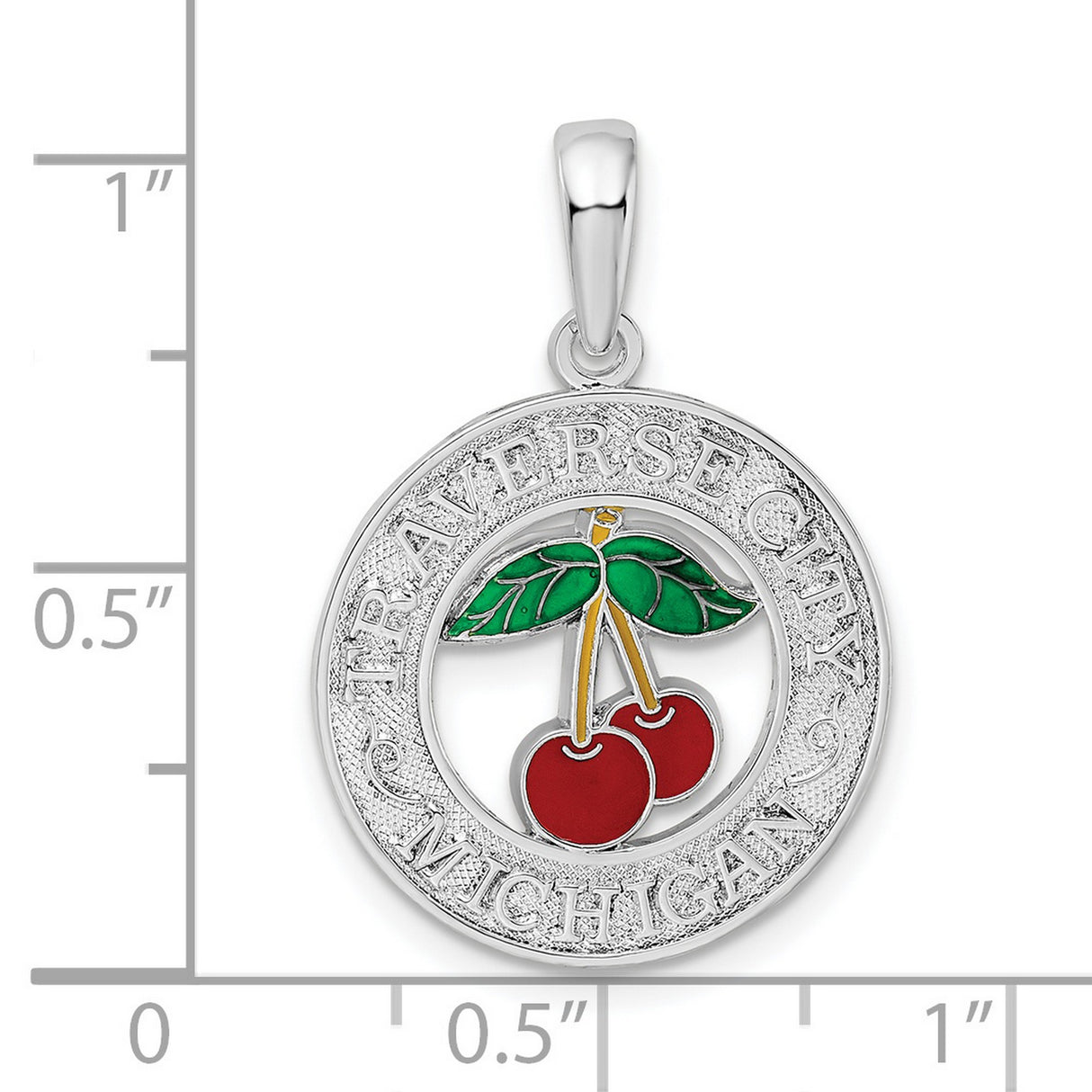 Sterling Silver Cherry Pendant with Red Enamel and Green Leaf, Traverse City Souvenir Charm