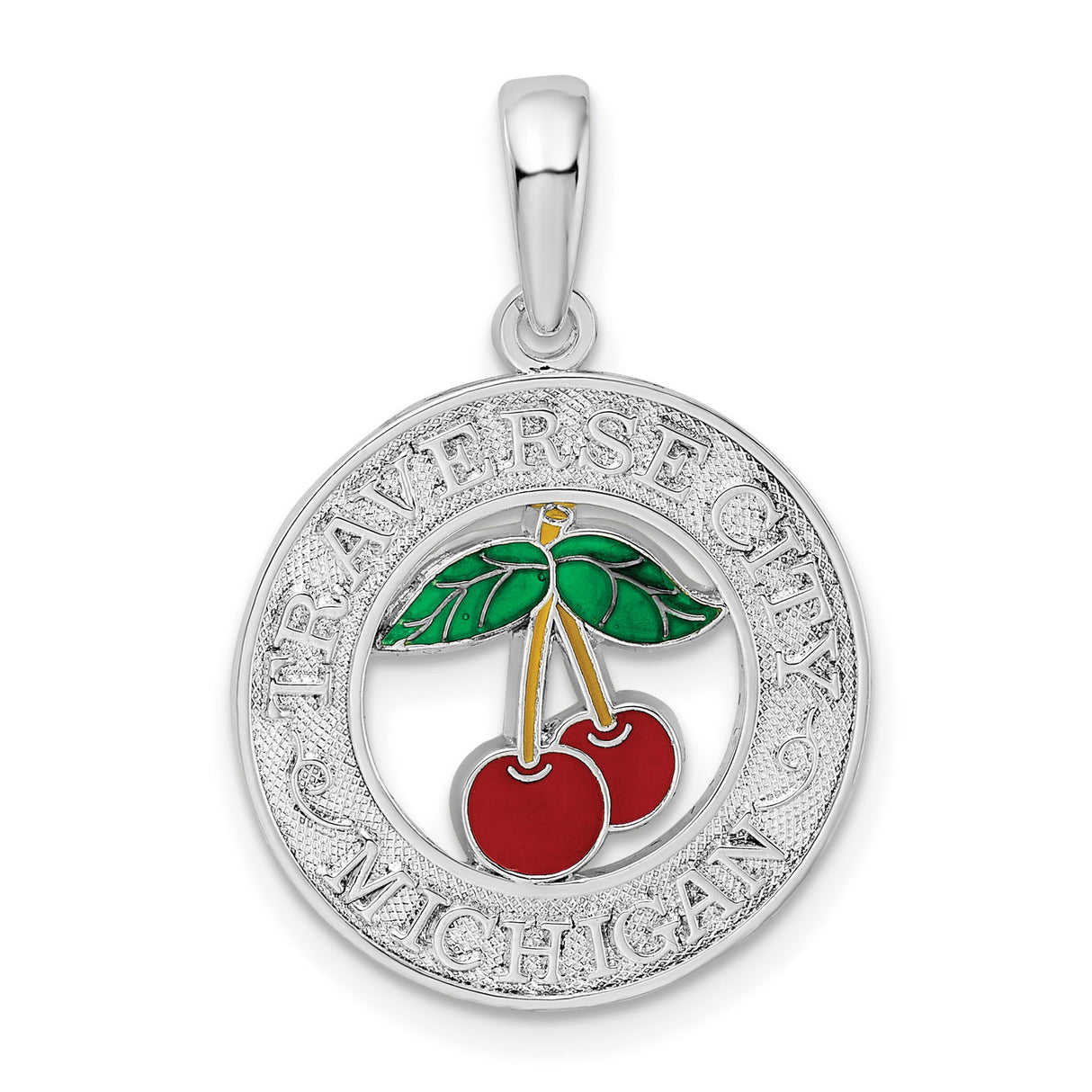 Sterling Silver Cherry Pendant with Red Enamel and Green Leaf, Traverse City Souvenir Charm