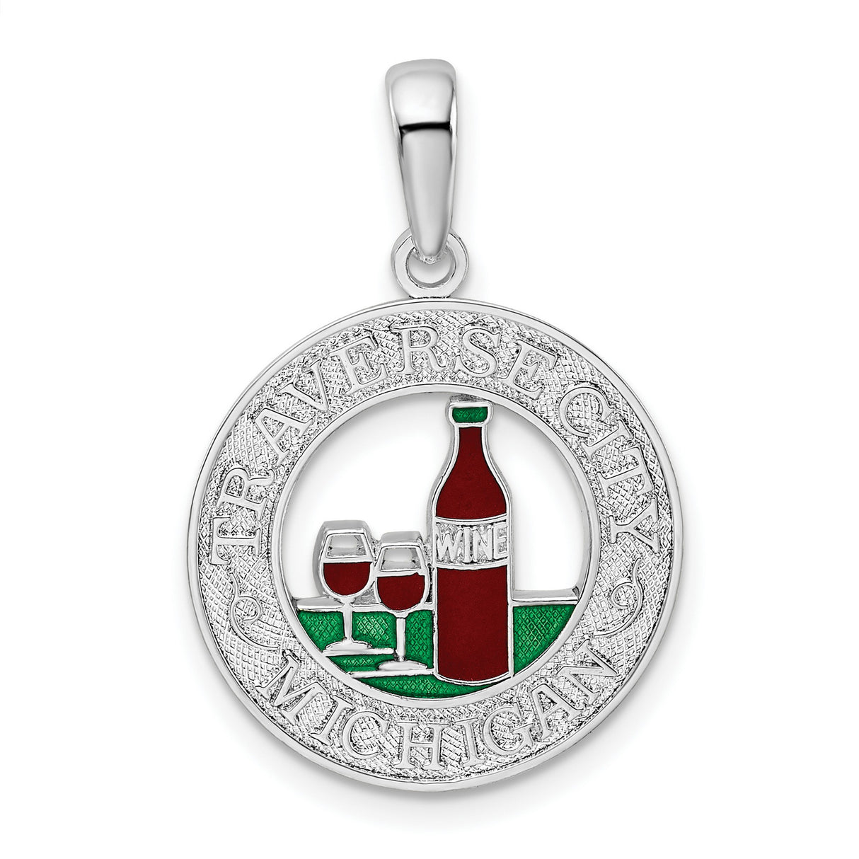 Sterling Silver Wine Bottle Pendant with Glasses, Traverse City Michigan Charm