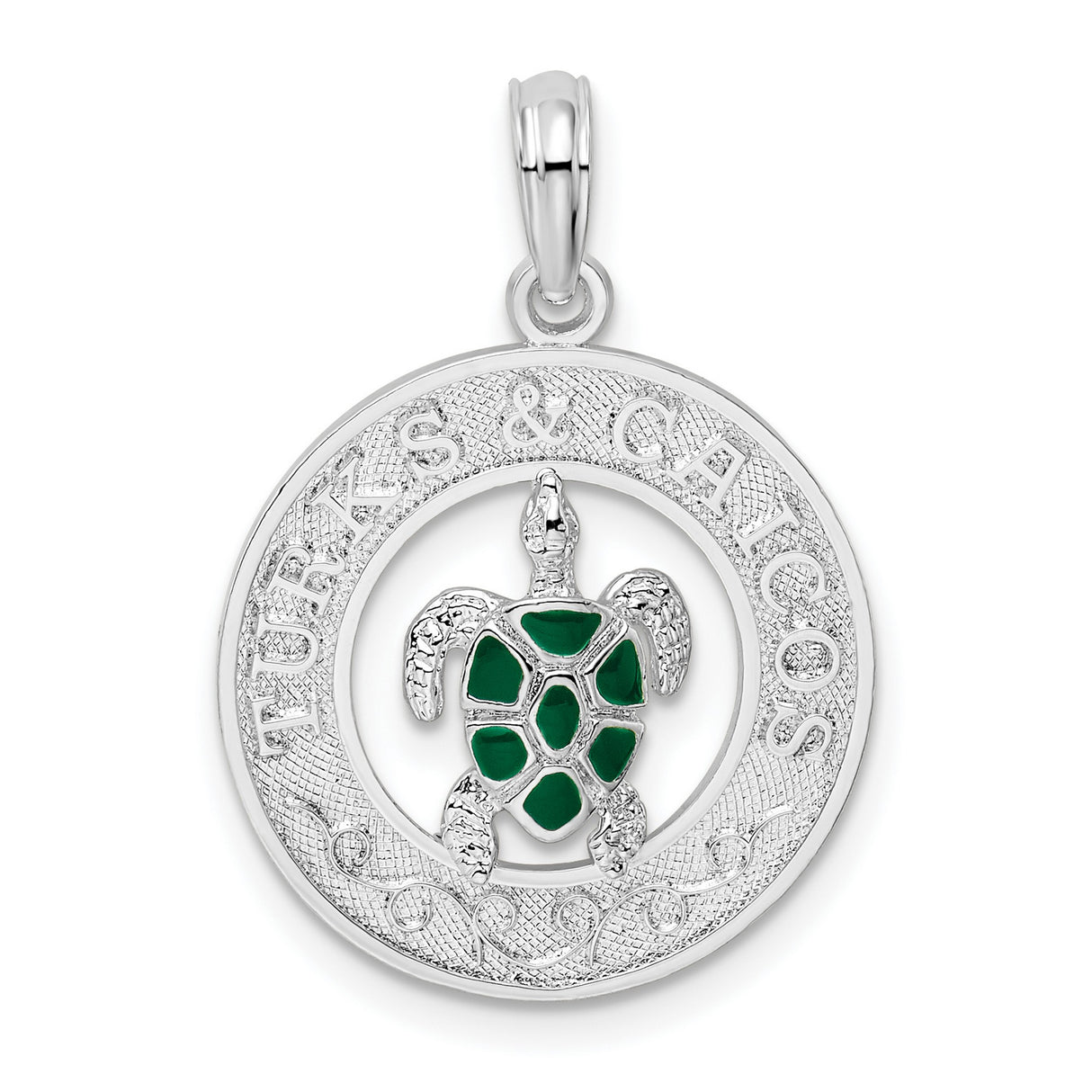 Sterling Silver Turtle Pendant with Green Enamel, Ocean Wave Charm, Nautical Jewelry