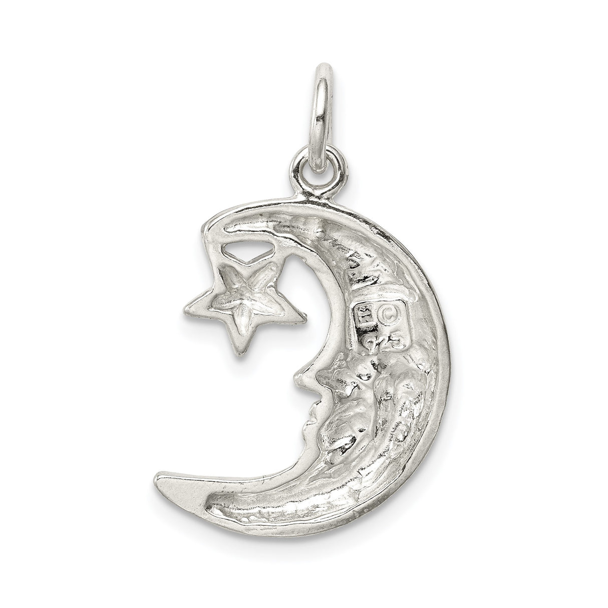 Sterling Silver Pendant with Crescent Moon Face and Star, Celestial Lunar Design