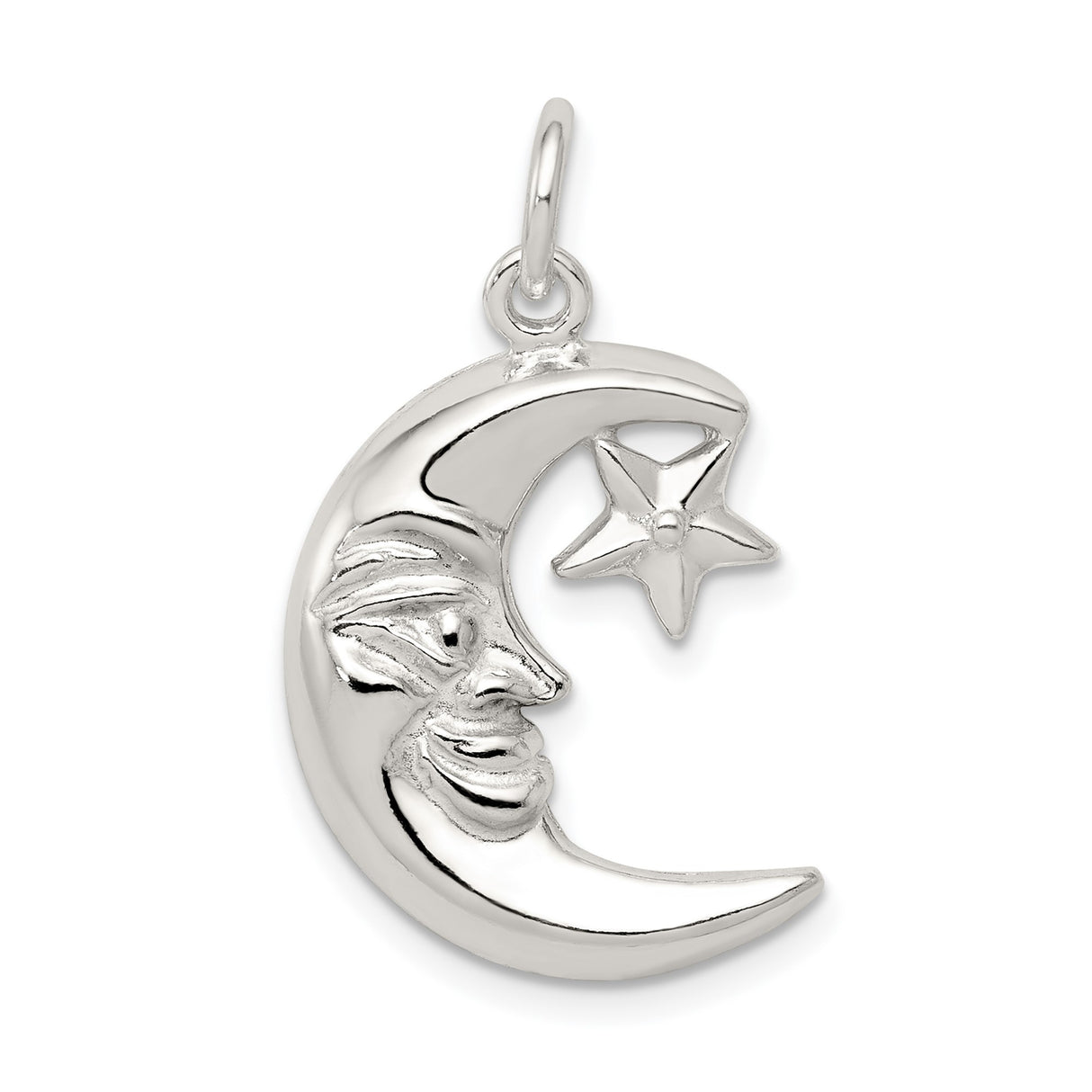 Sterling Silver Pendant with Crescent Moon Face and Star, Celestial Lunar Design