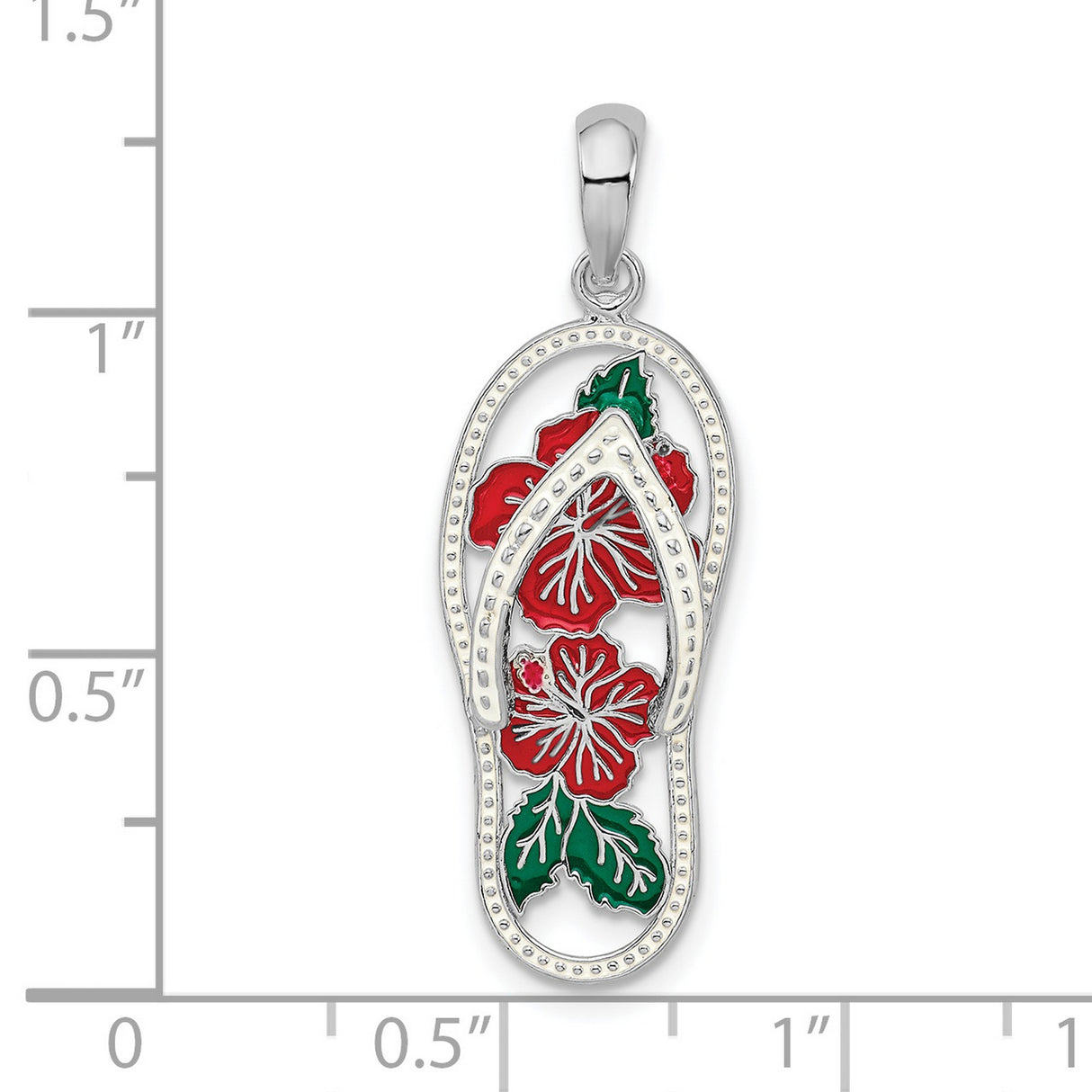 Sterling Silver Flip-Flop Pendant with Red Hibiscus Flowers and Green Leaves, Tropical Charm
